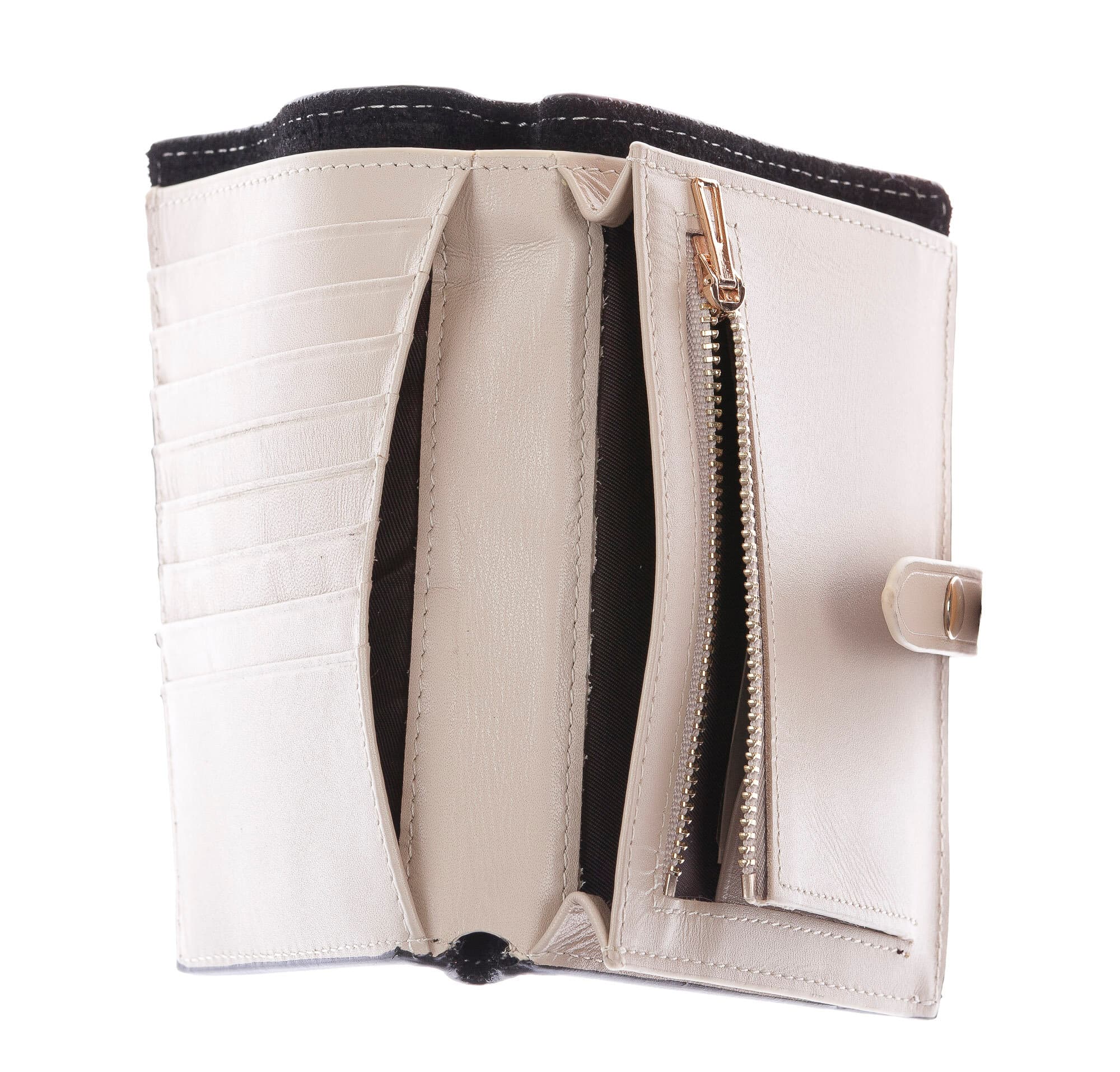 ABELIA MINI : portafoglio donna, pelle morbida, super sottile, colore : NERO / BEIGE, Made in Italy (Portafoglio