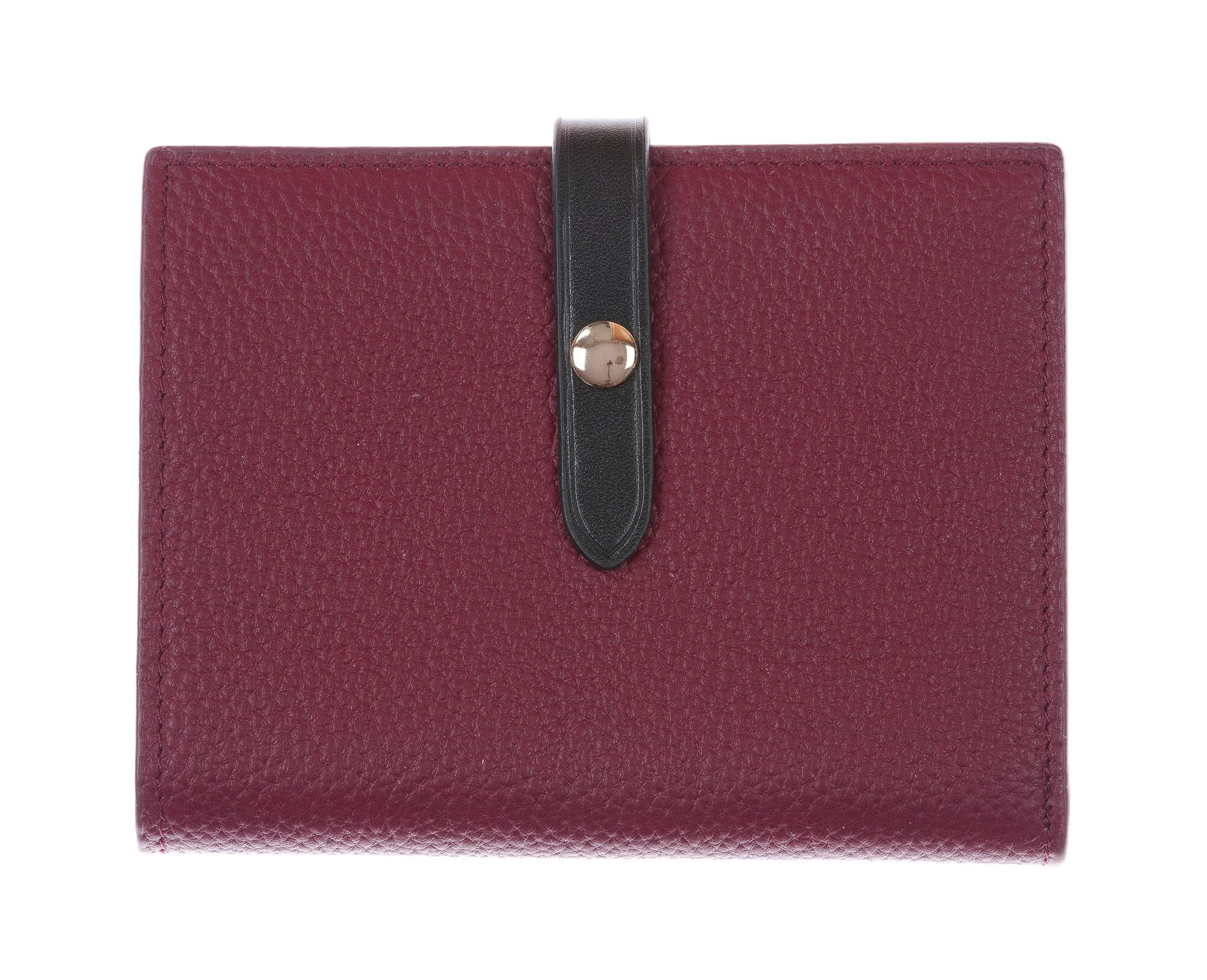 ABELIA MINI : portafoglio donna, pelle morbida, super sottile, colore : PRUGNA / NERO, Made in Italy (Portafoglio