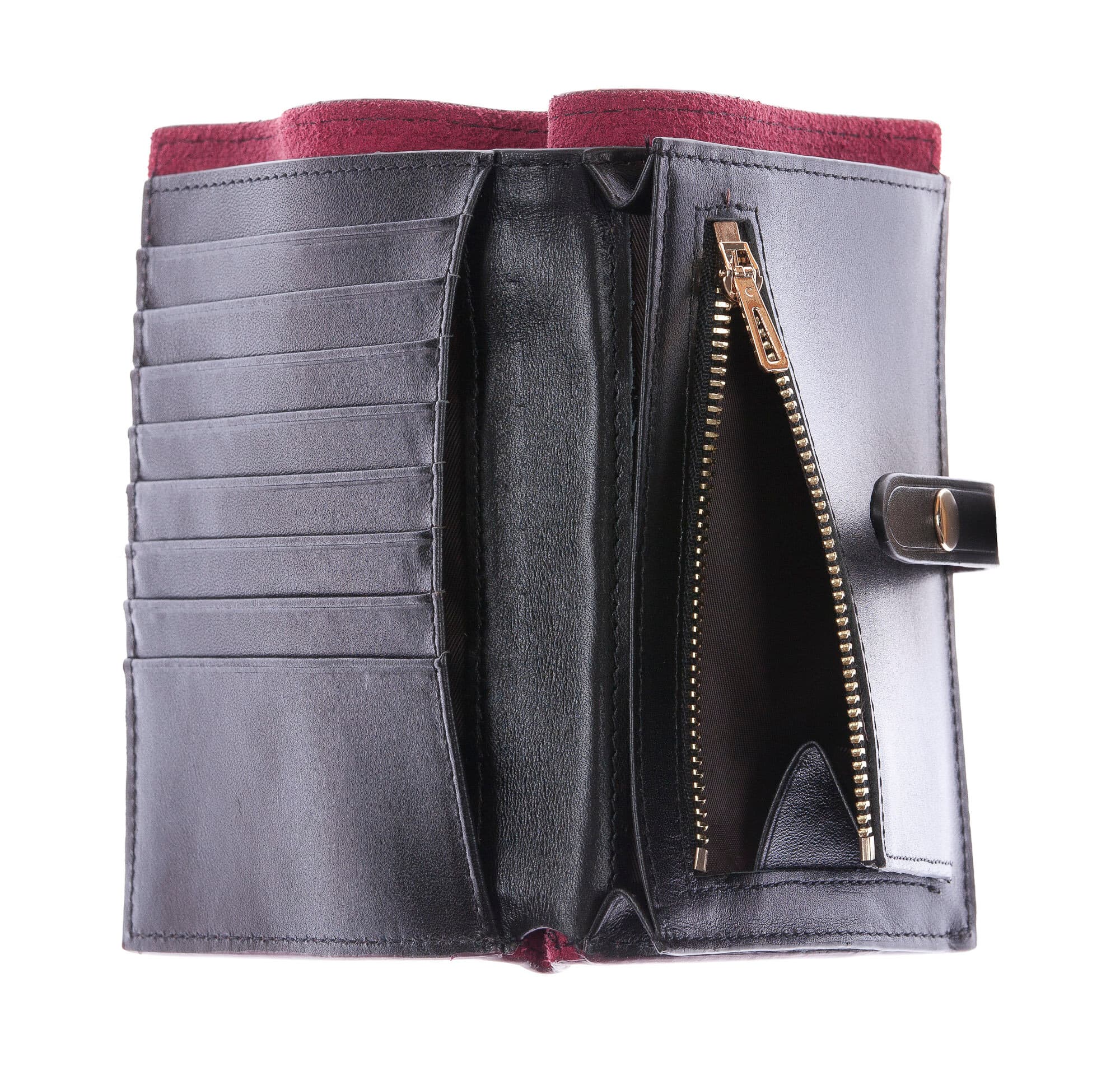 ABELIA MINI : portafoglio donna, pelle morbida, super sottile, colore : PRUGNA / NERO, Made in Italy (Portafoglio