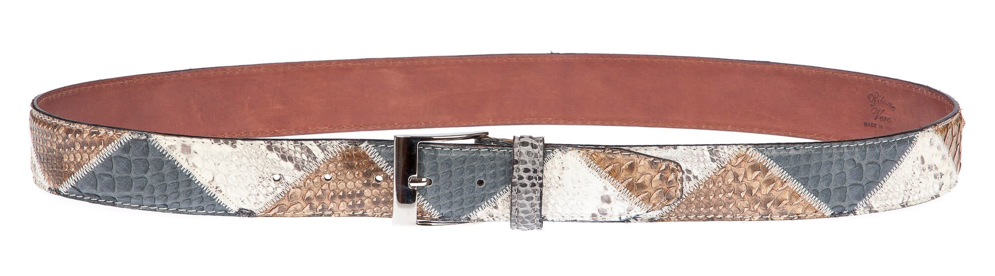 Cintura uomo TRIPOLI C36,vera pelle pitone certificato CITES, BLU/BIANCO/MARRONE, CHIAROSCURO, Made in Italy