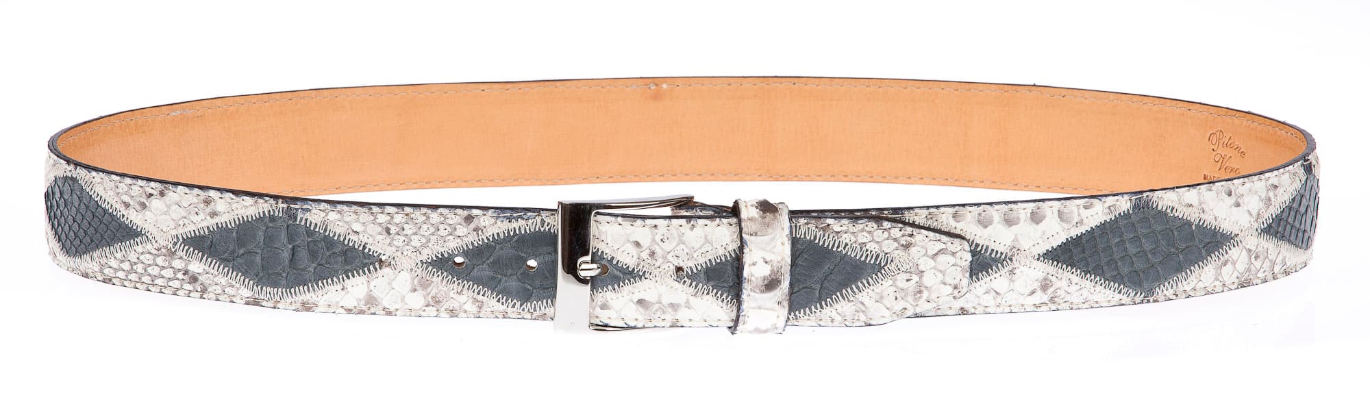 BRUXELLES: cintura uomo in pitone, bicolore a rombi, CITES, colore: ROCCIA / BLU, Made in Italy