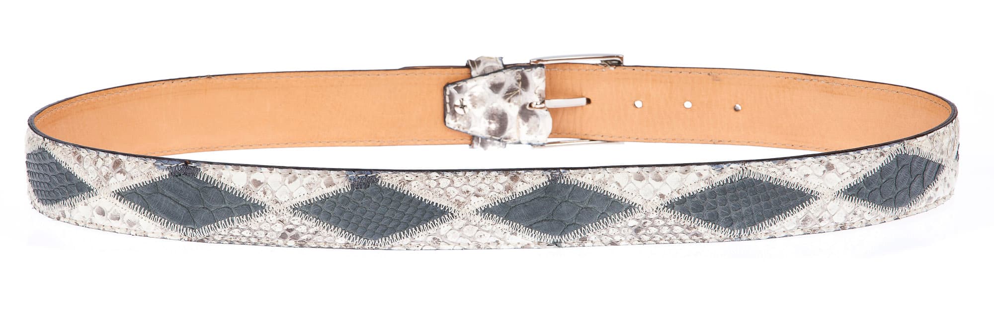 BRUXELLES: cintura uomo in pitone, bicolore a rombi, CITES, colore: ROCCIA / BLU, Made in Italy
