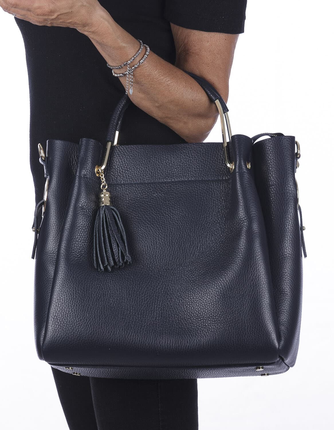 Borsa donna KAROLINA a spalla in vera pelle rigida, colore BLU SCURO, CHIARO SCURO, Made in Italy