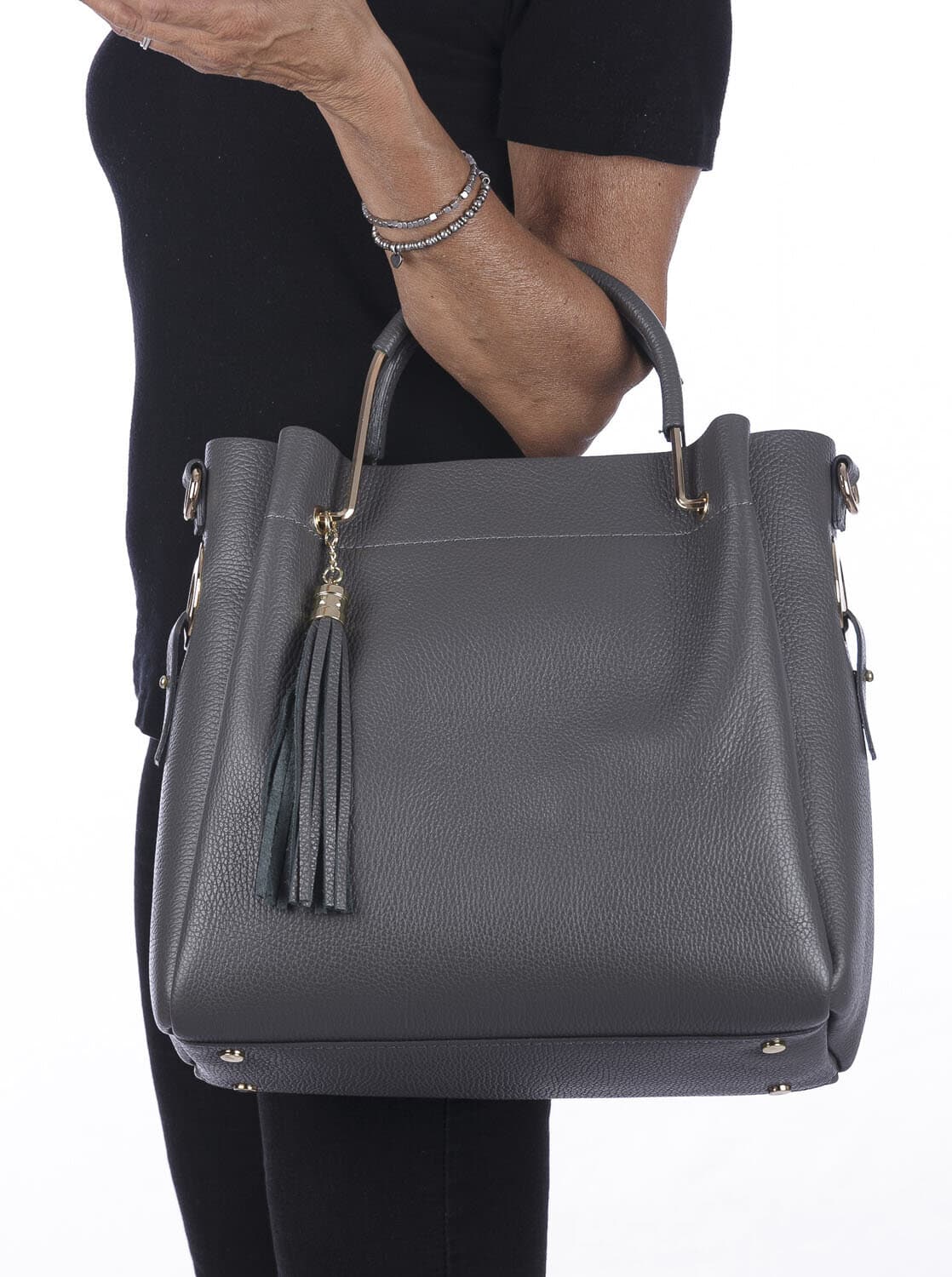 Borsa donna KAROLINA a spalla in vera pelle rigida, colore GRIGIO, CHIARO SCURO, Made in Italy