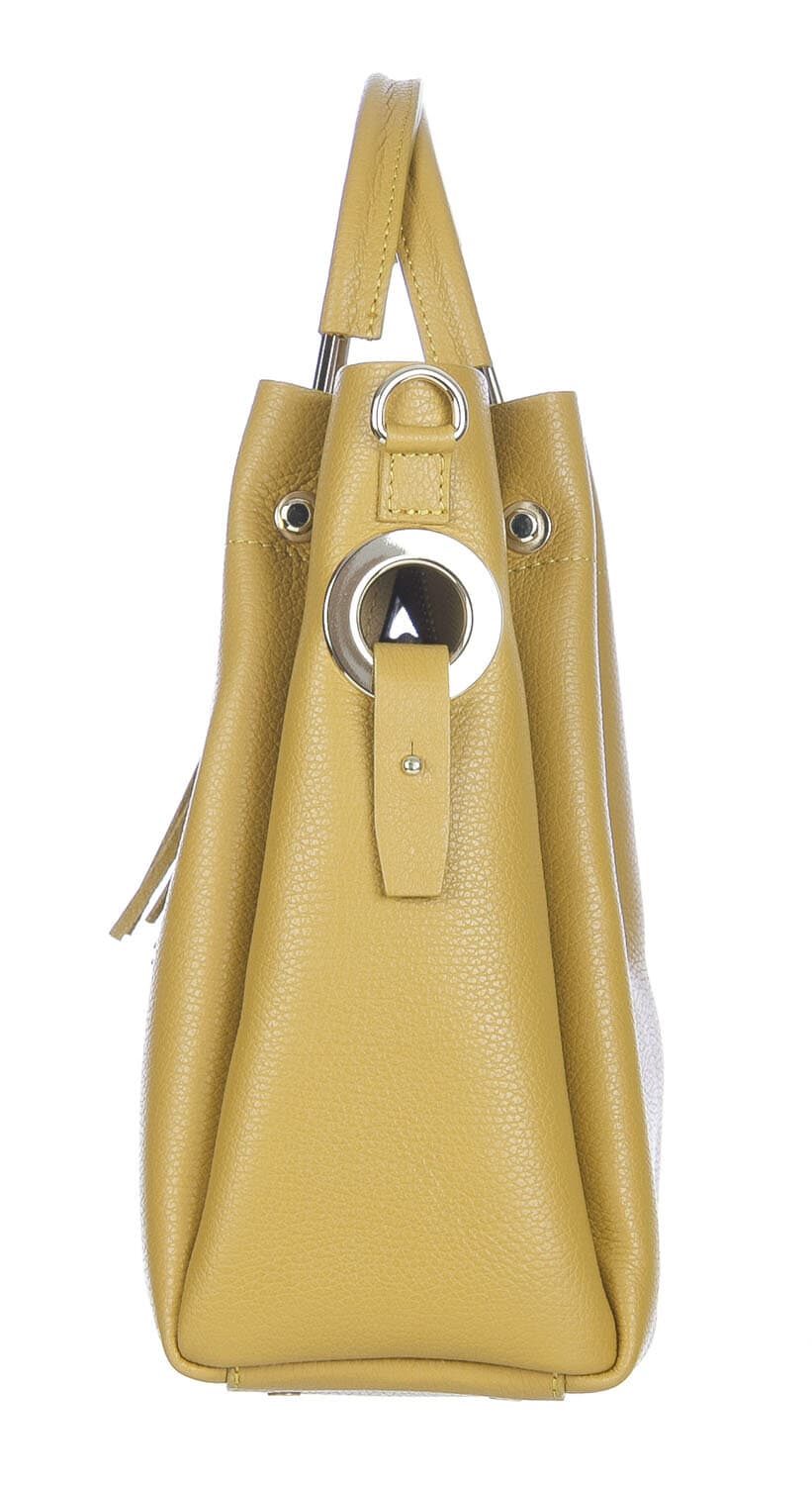 Borsa donna KAROLINA a spalla in vera pelle rigida, colore GIALLO OCRA, CHIARO SCURO, Made in Italy