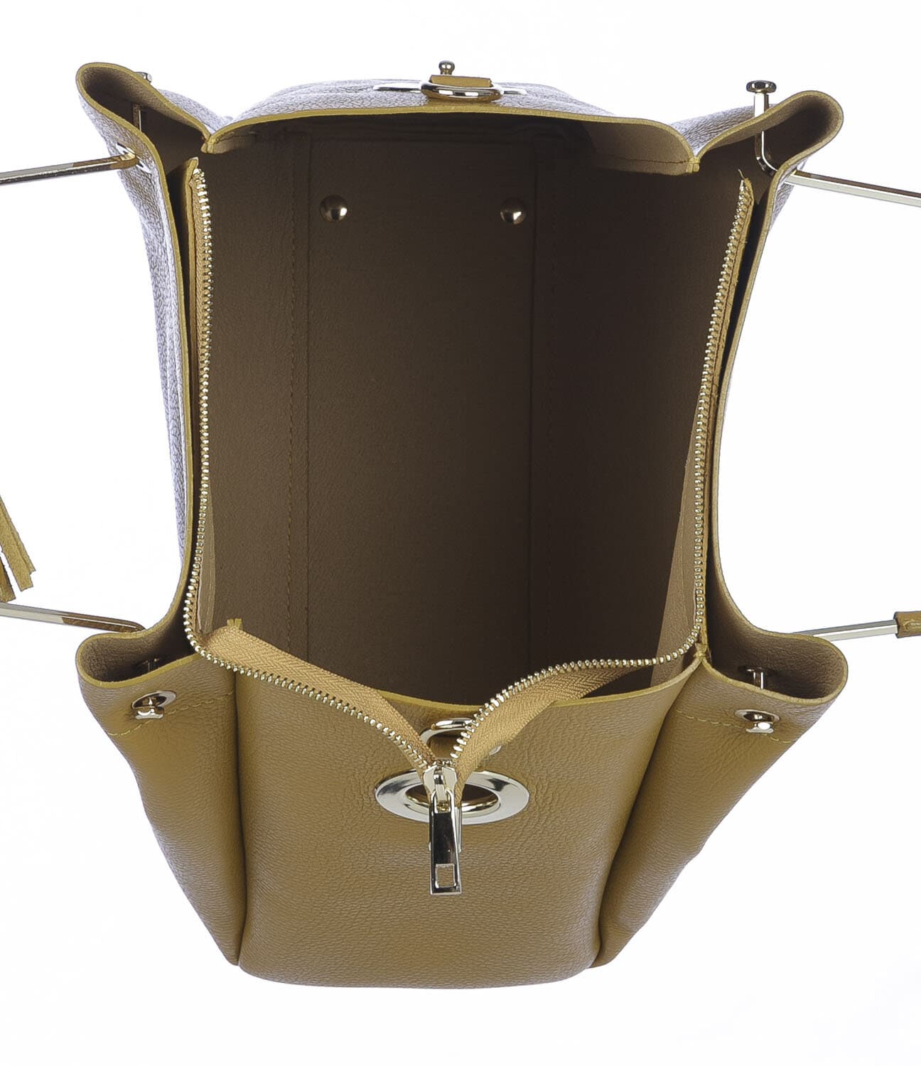 Borsa donna KAROLINA a spalla in vera pelle rigida, colore GIALLO OCRA, CHIARO SCURO, Made in Italy