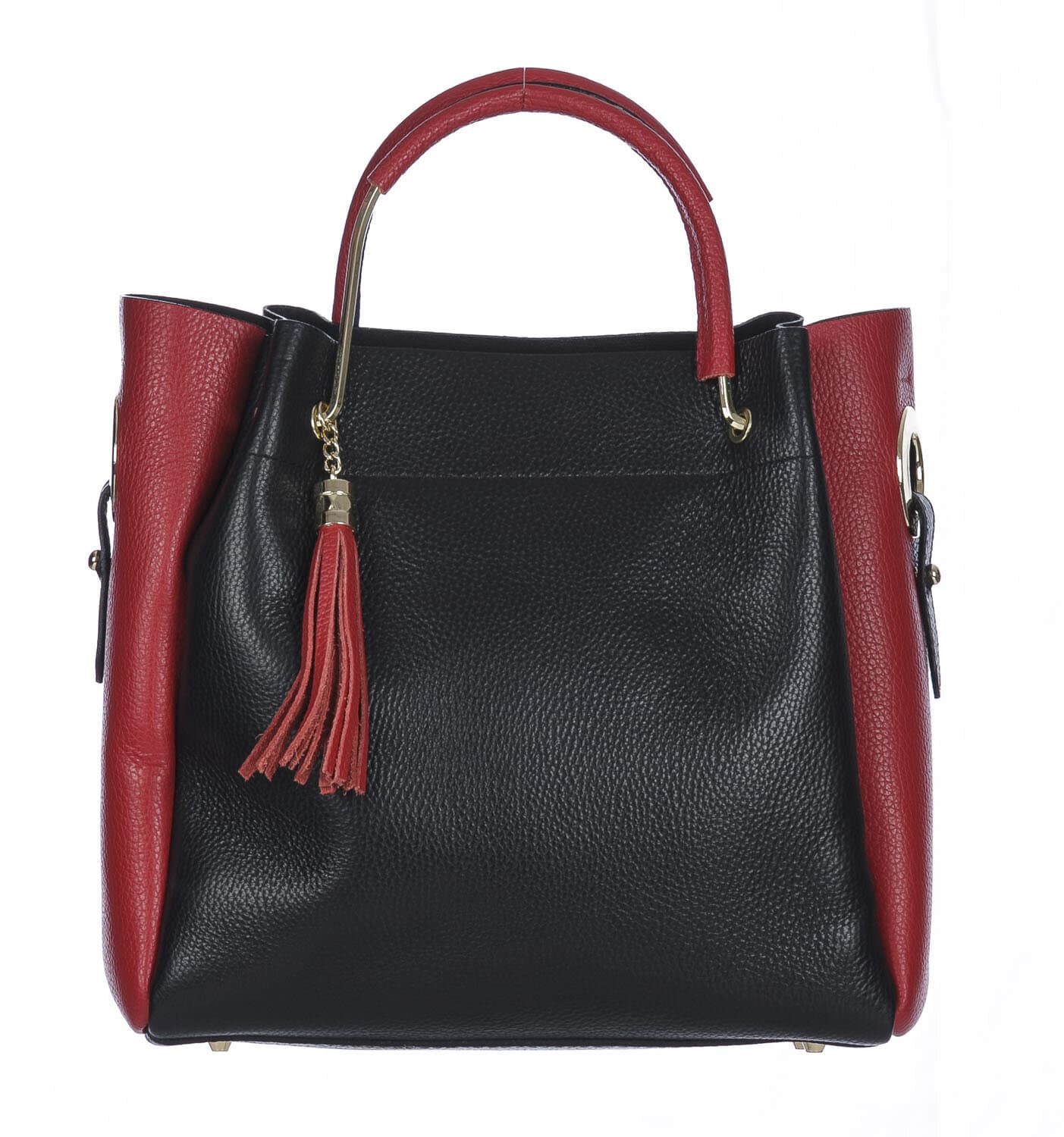 Borsa donna KAROLINA a spalla in vera pelle rigida, colore NERO/ROSSO, CHIARO SCURO, Made in Italy