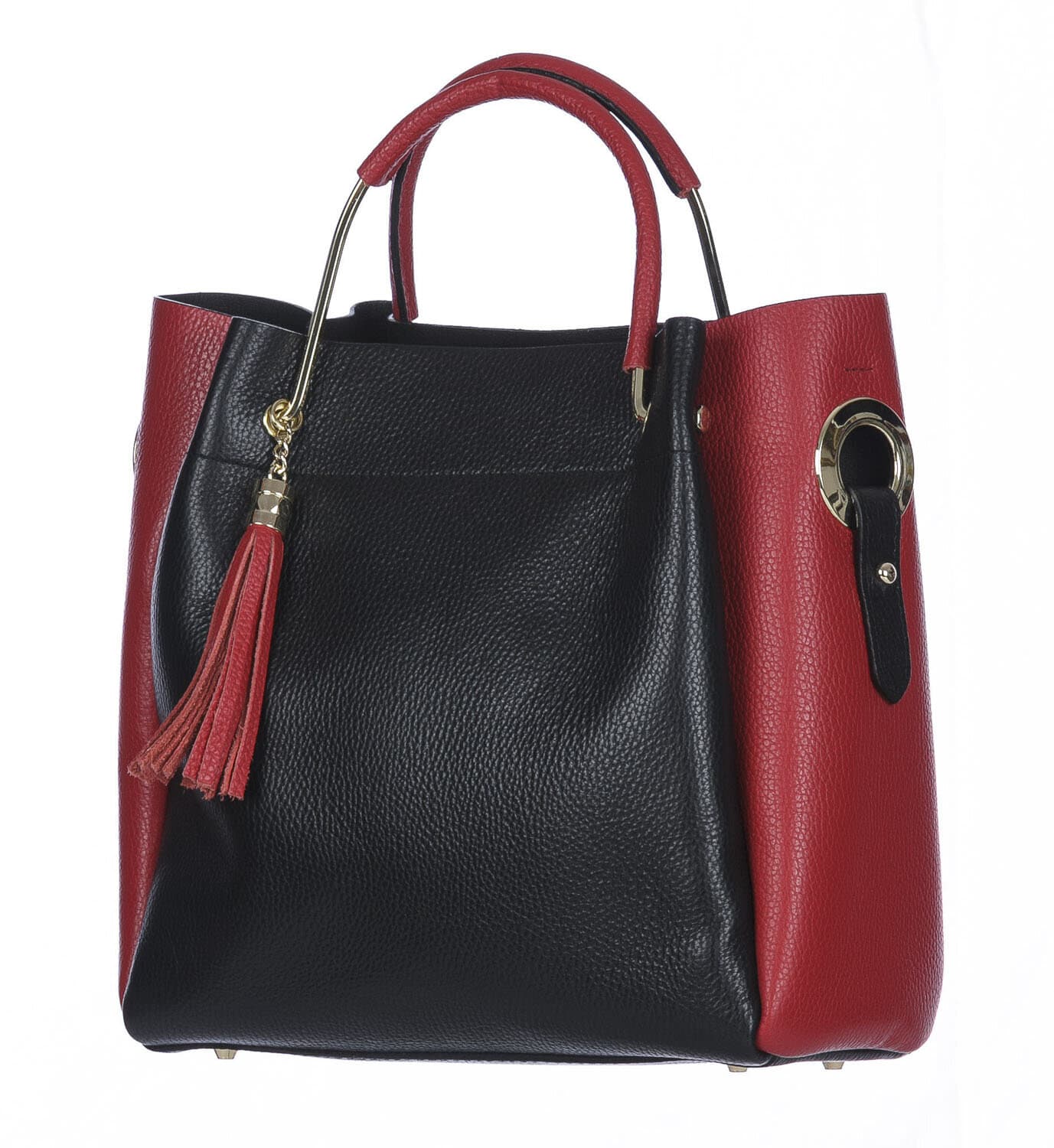 Borsa donna KAROLINA a spalla in vera pelle rigida, colore NERO/ROSSO, CHIARO SCURO, Made in Italy