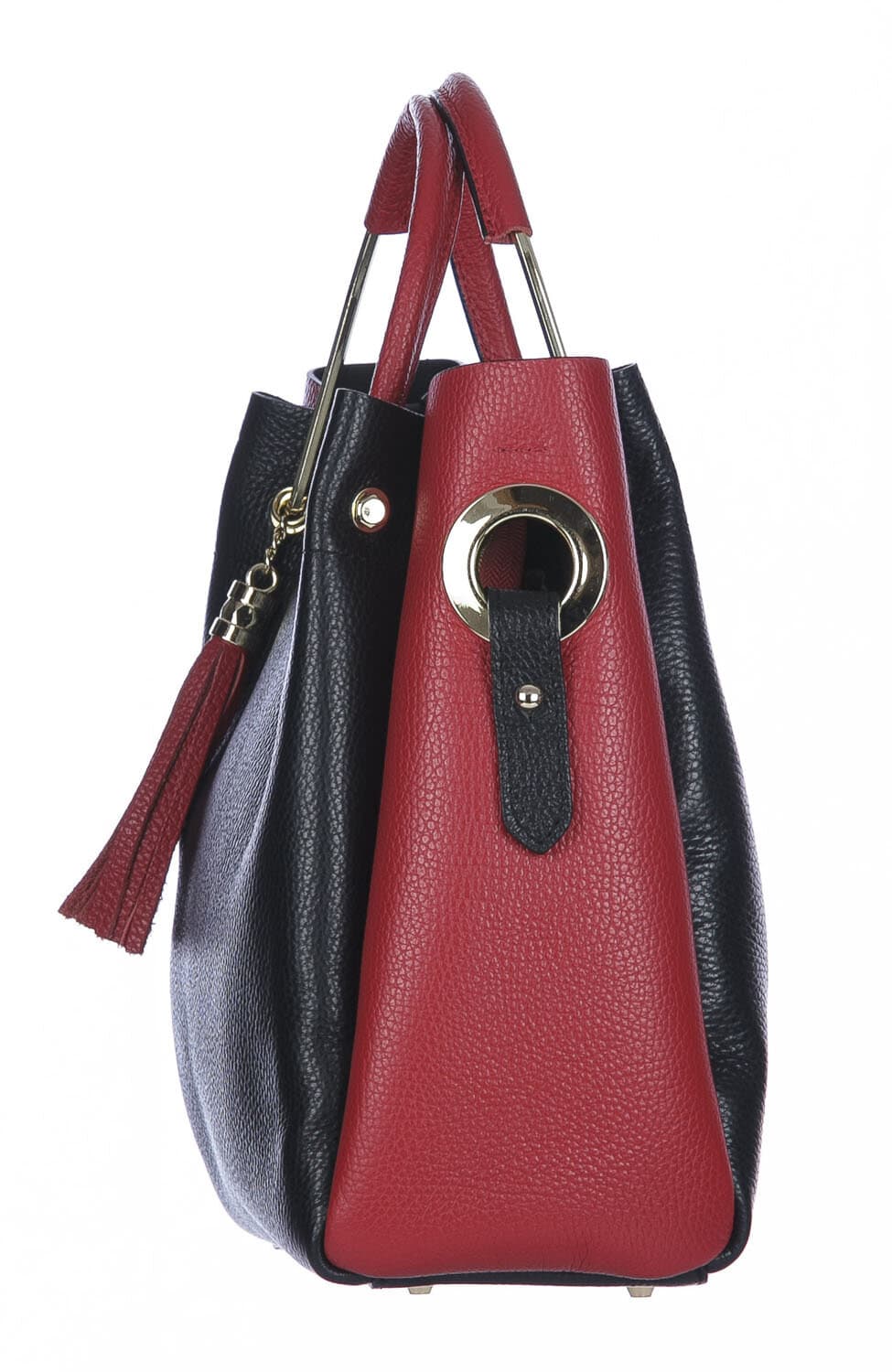 Borsa donna KAROLINA a spalla in vera pelle rigida, colore NERO/ROSSO, CHIARO SCURO, Made in Italy