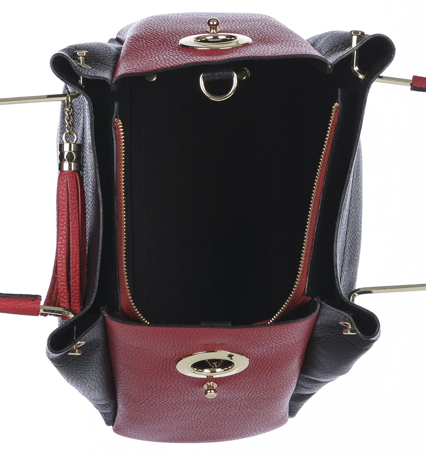 Borsa donna KAROLINA a spalla in vera pelle rigida, colore NERO/ROSSO, CHIARO SCURO, Made in Italy