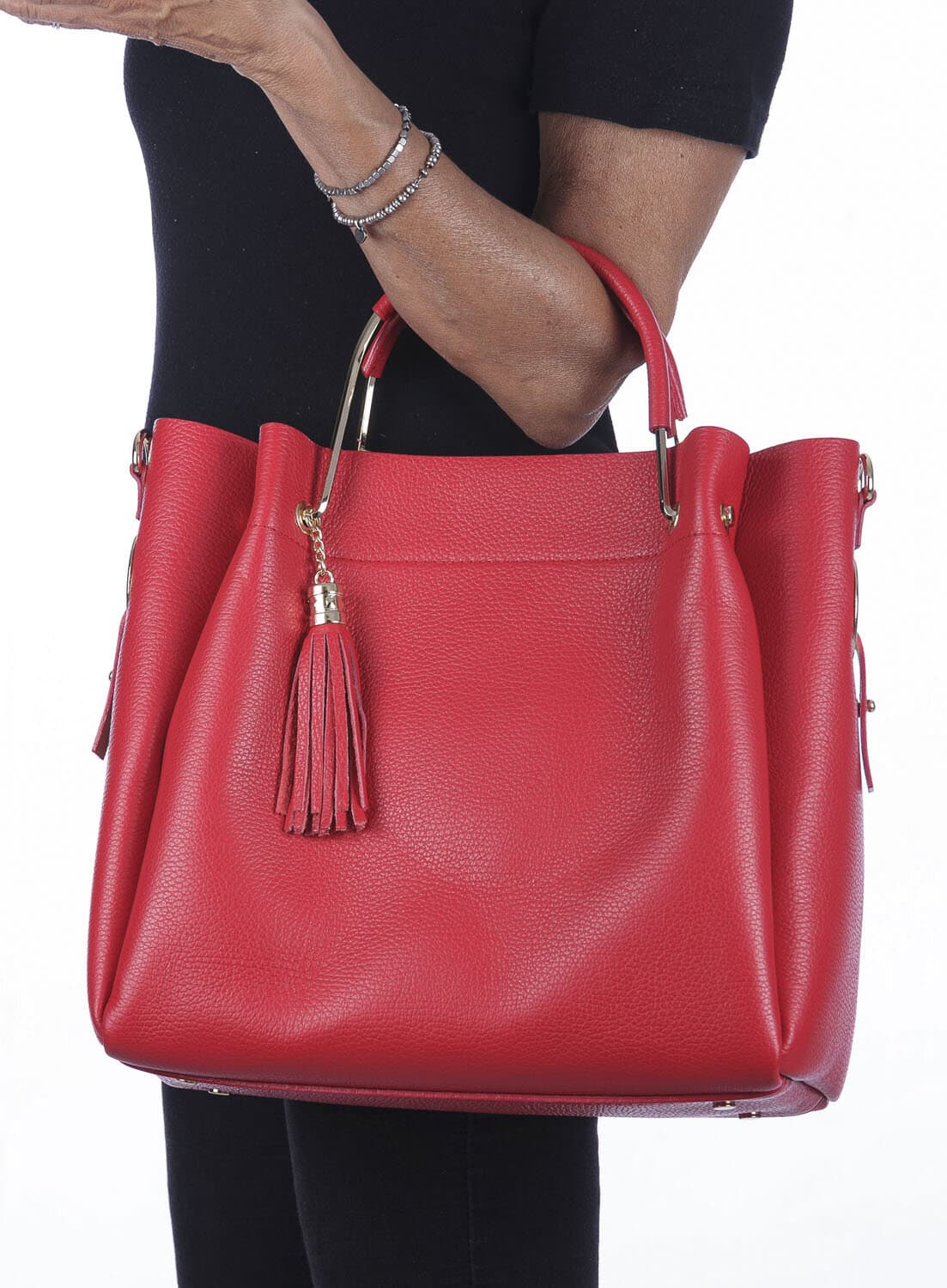 Borsa donna KAROLINA a spalla in vera pelle rigida, colore ROSSO,  CHIARO SCURO, Made in Italy