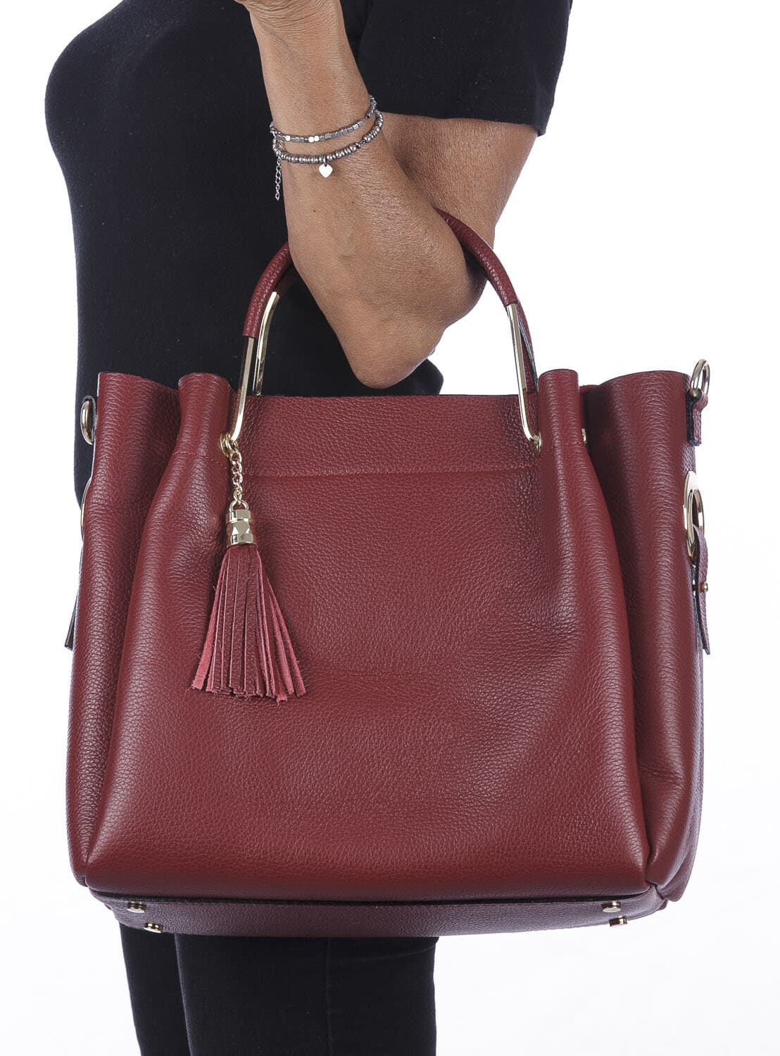Borsa donna KAROLINA a spalla in vera pelle rigida, colore BORDEAUX, CHIARO SCURO, Made in Italy