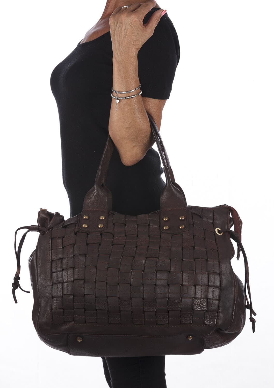 Borsa donna ASIA a spalla in vera pelle morbida, colore TESTA DI MORO, VINTAGE, CHIAROSCURO, Made in Italy