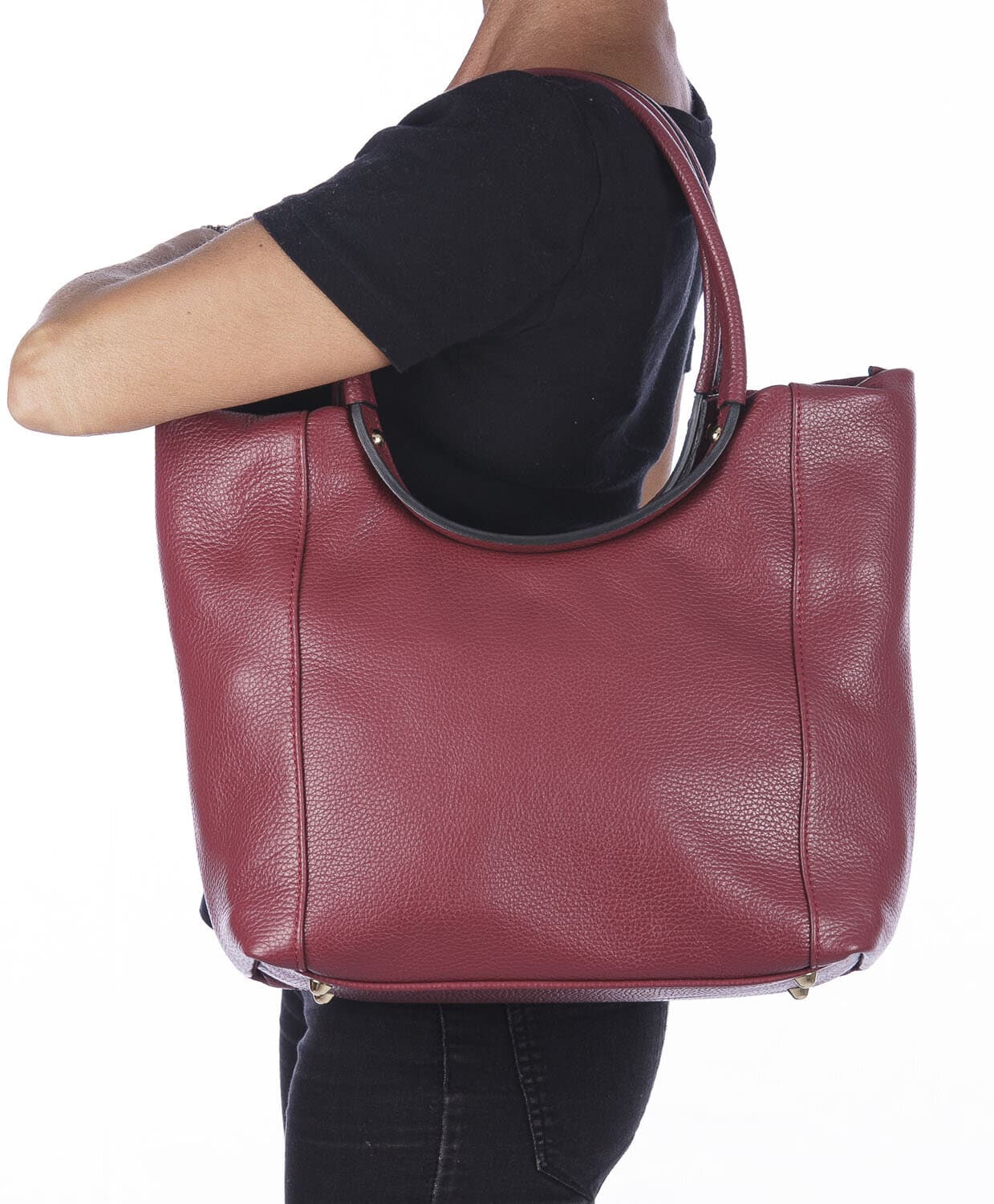 Borsa donna MATILDE a spalla in vera pelle morbida martellata, colore BORDEAUX, CHIARO SCURO, Made in Italy