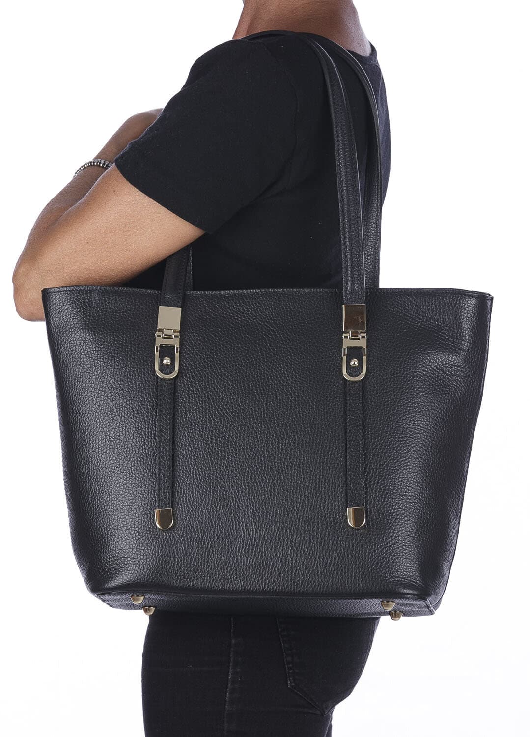 Borsa donna MONIA a spalla in vera pelle rigida martellata, colore NERO, CHIAROSCURO, Made in Italy