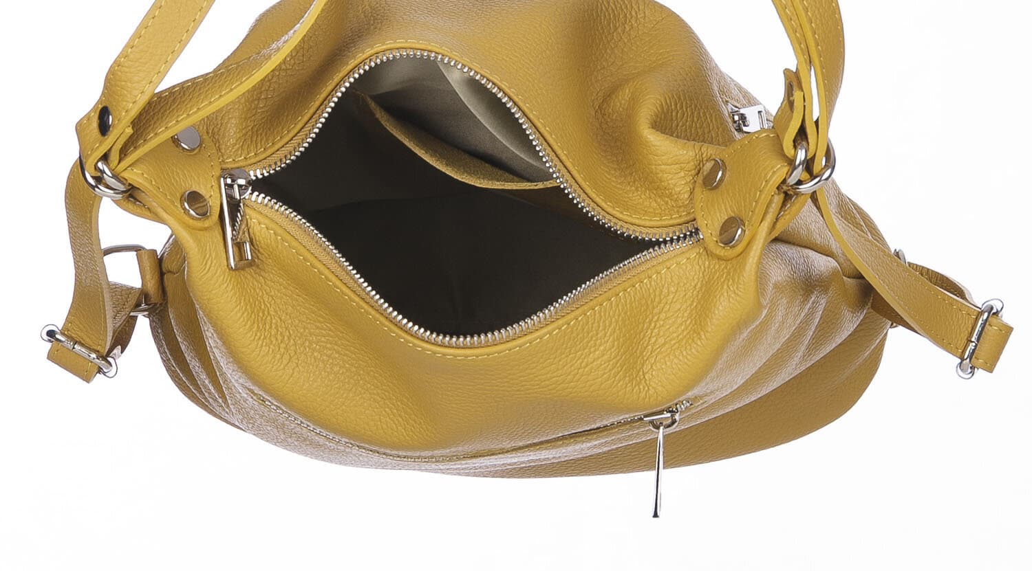 Borsa zaino donna MONTE CATRIA in vera pelle morbida martellata, colore GIALLO OCRA, CHIARO SCURO, Made in Italy