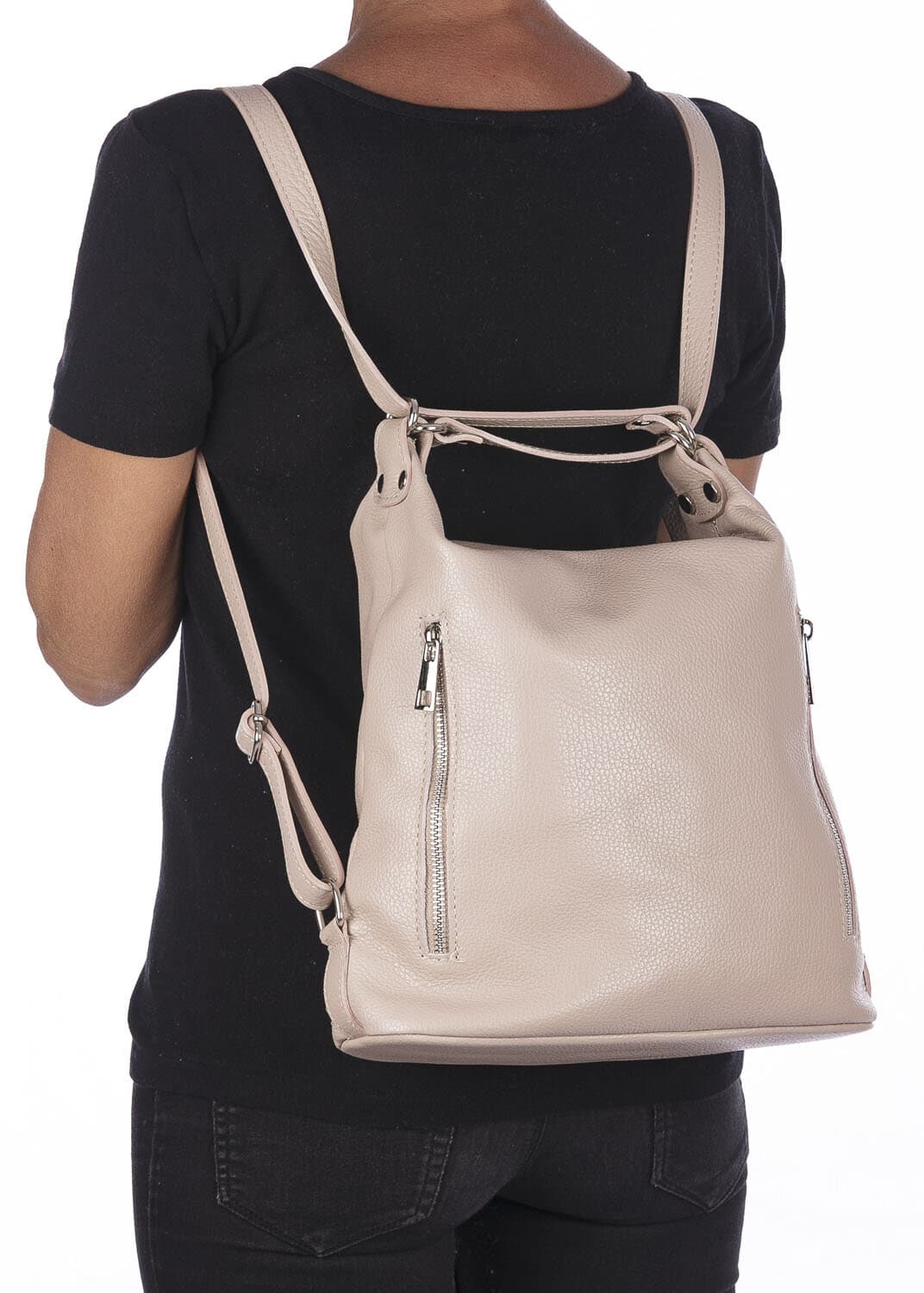 Borsa zaino donna MONTE CATRIA in vera pelle morbida martellata, colore ROSA, CHIARO SCURO, Made in Italy