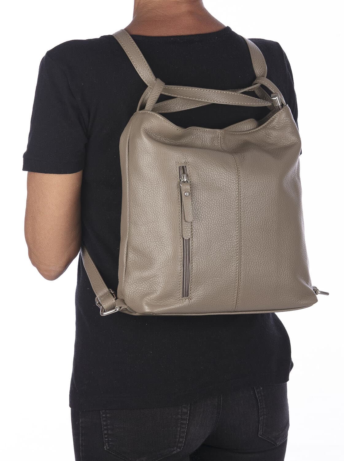 Borsa zaino donna MONTE CATRIA in vera pelle morbida martellata, colore TAUPE, CHIARO SCURO, Made in Italy