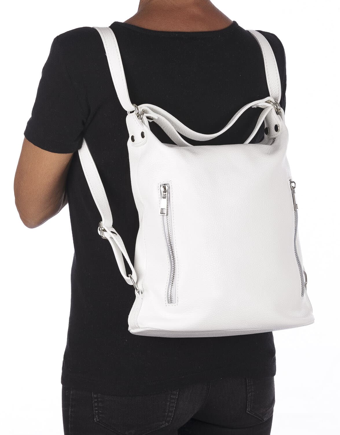 Borsa zaino donna MONTE CATRIA in vera pelle morbida martellata, colore BIANCO, CHIARO SCURO, Made in Italy
