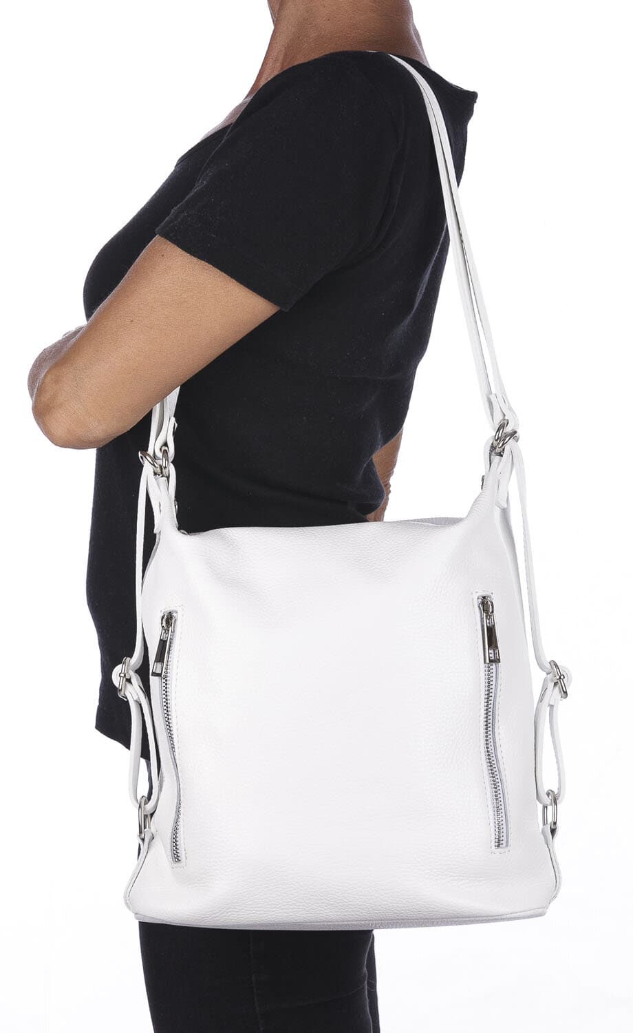 Borsa zaino donna MONTE CATRIA in vera pelle morbida martellata, colore BIANCO, CHIARO SCURO, Made in Italy