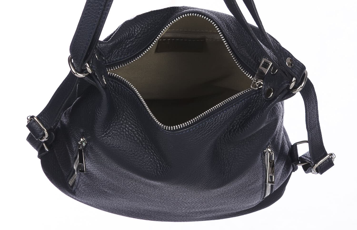 Borsa zaino donna MONTE CATRIA in vera pelle morbida martellata, colore BLU SCURO, CHIARO SCURO, Made in Italy