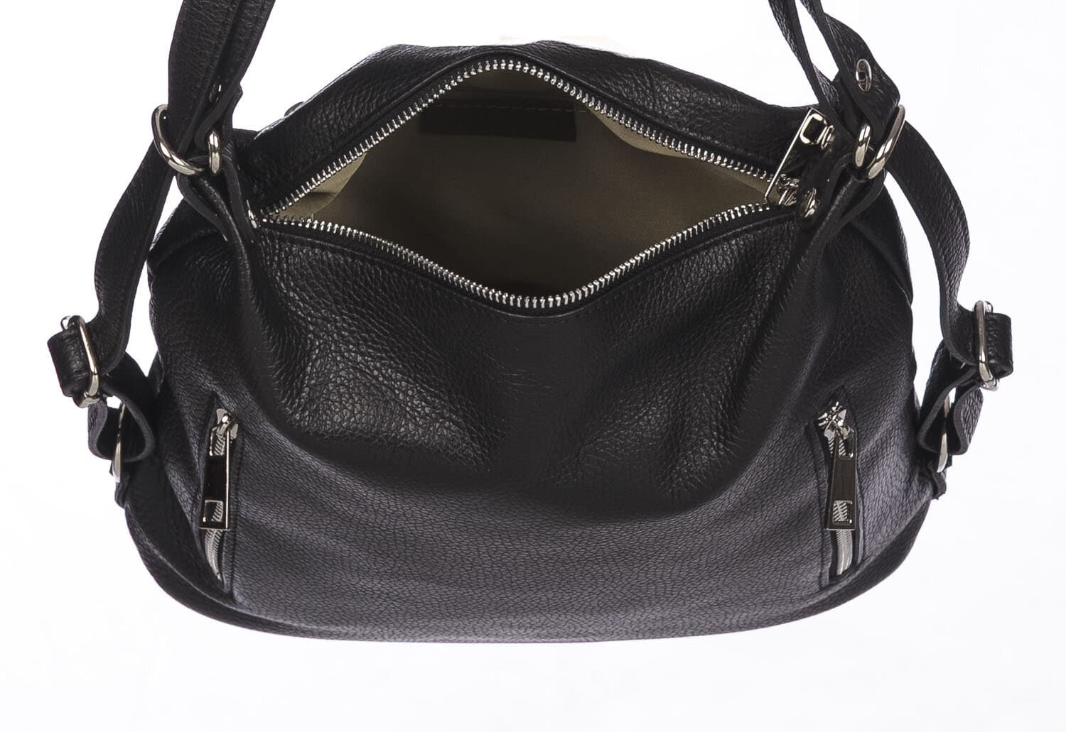 Borsa zaino donna MONTE CATRIA in vera pelle morbida martellata, colore NERO, CHIARO SCURO, Made in Italy