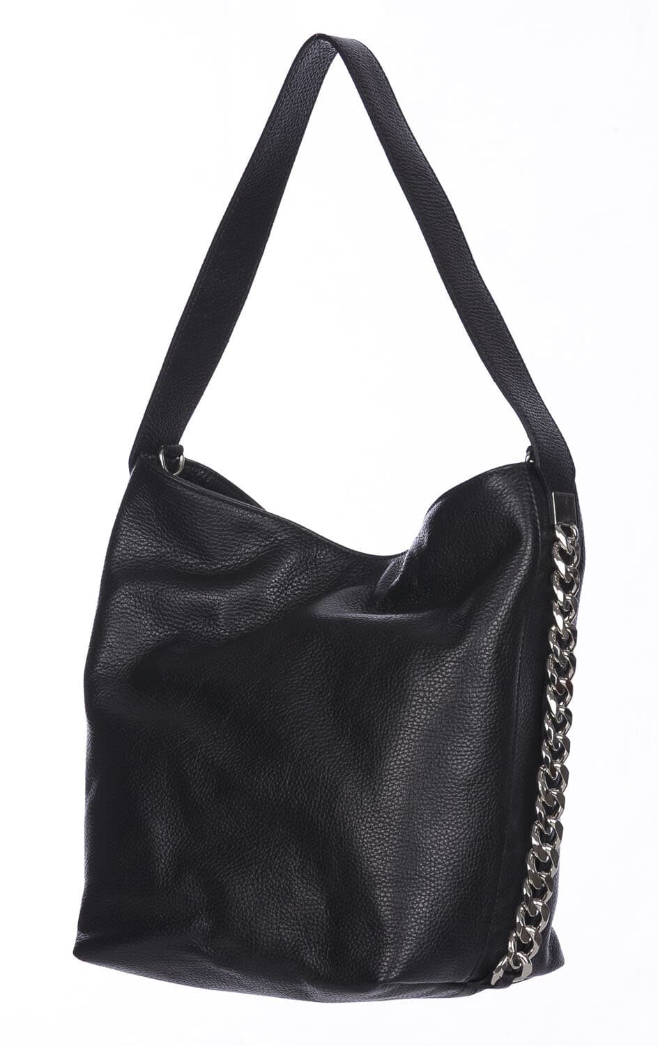 Borsa a spalla donna CLELIA in vera pelle morbida martellata, colore NERO, CHIAROSCURO, Made in Italy