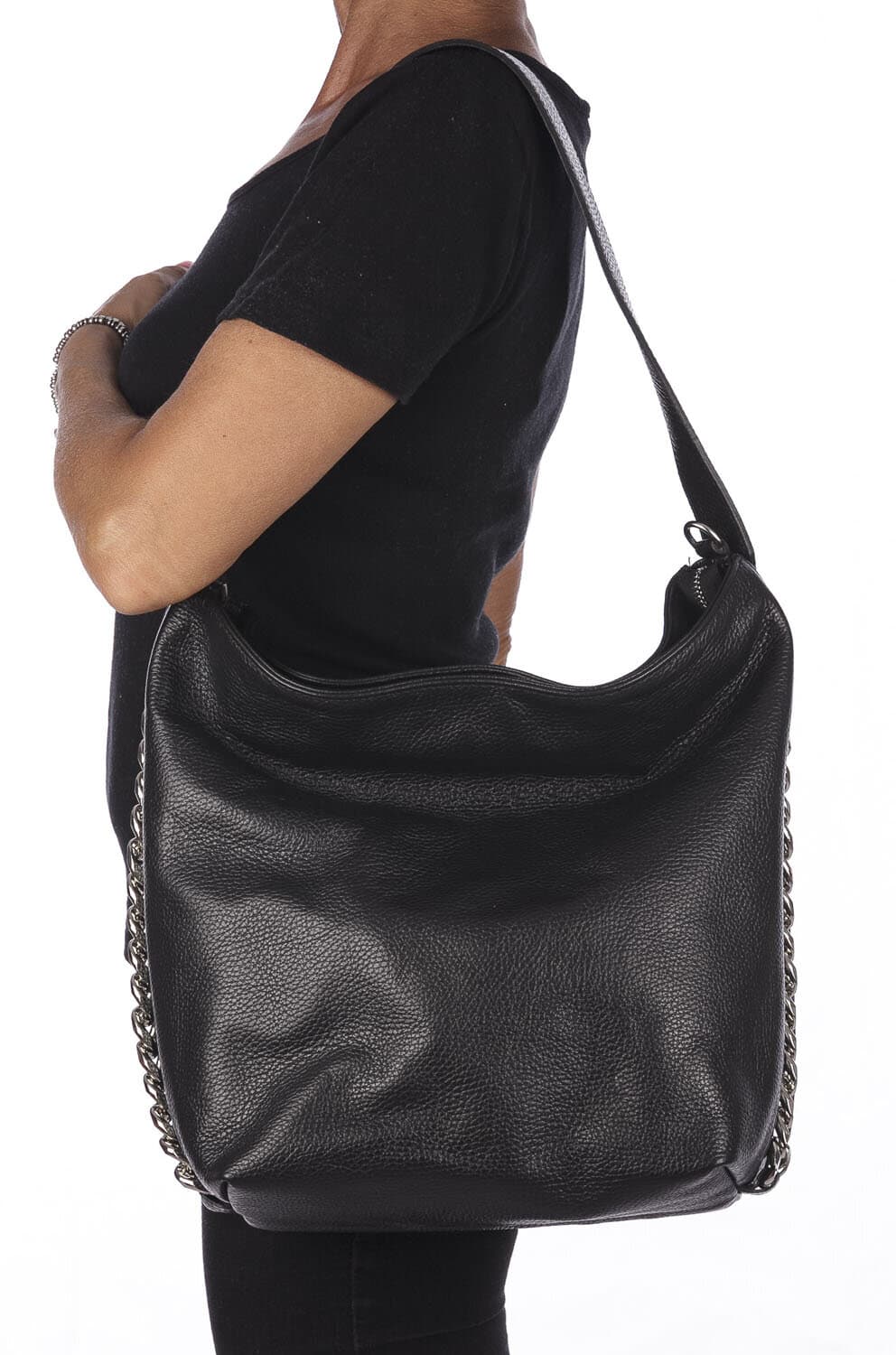 Borsa a spalla donna CLELIA in vera pelle morbida martellata, colore NERO, CHIAROSCURO, Made in Italy