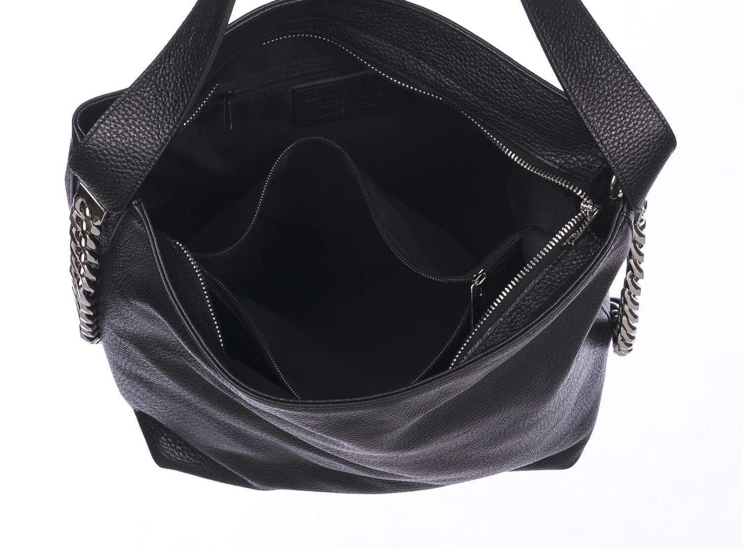 Borsa a spalla donna CLELIA in vera pelle morbida martellata, colore NERO, CHIAROSCURO, Made in Italy