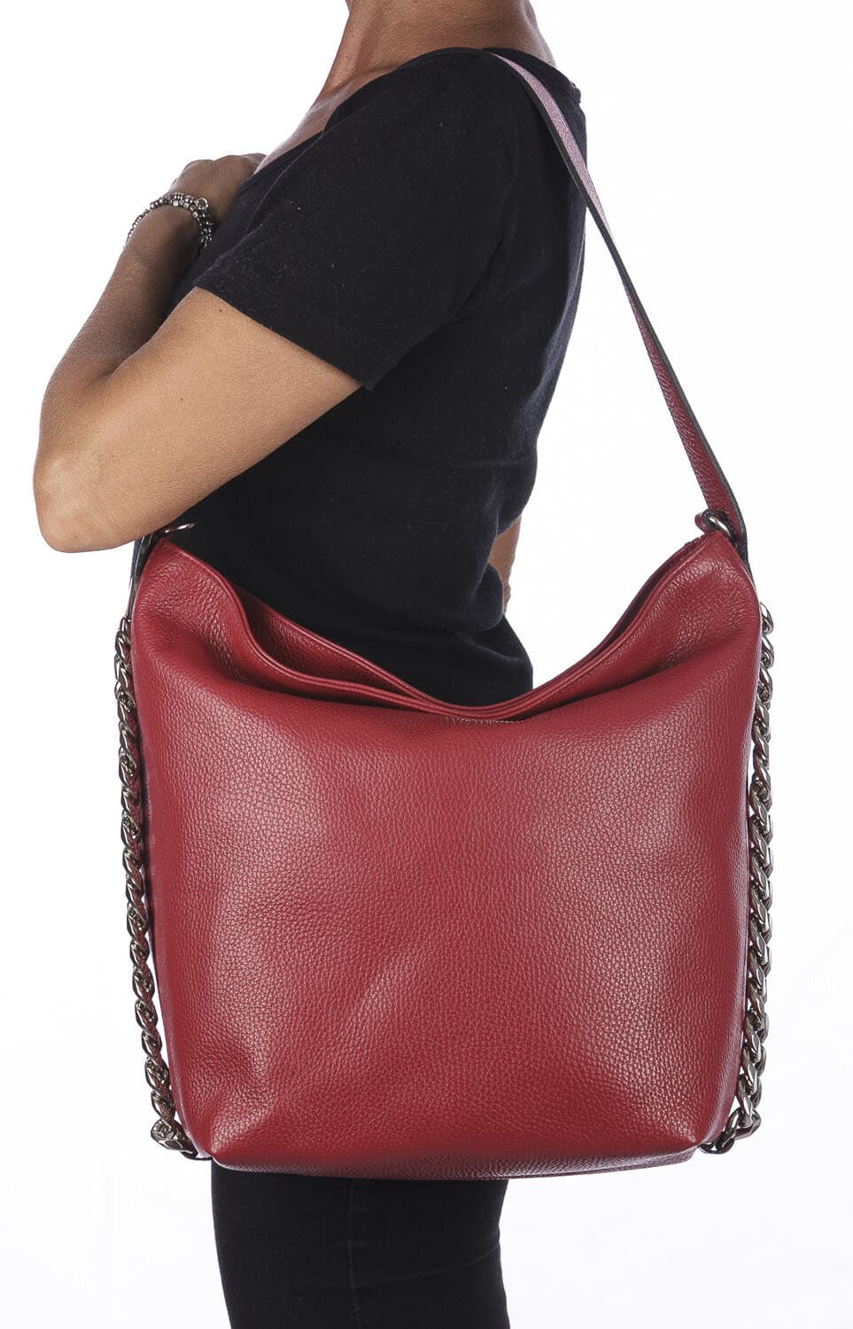 Borsa a spalla donna CLELIA in vera pelle morbida martellata, colore ROSSO, CHIAROSCURO, Made in Italy