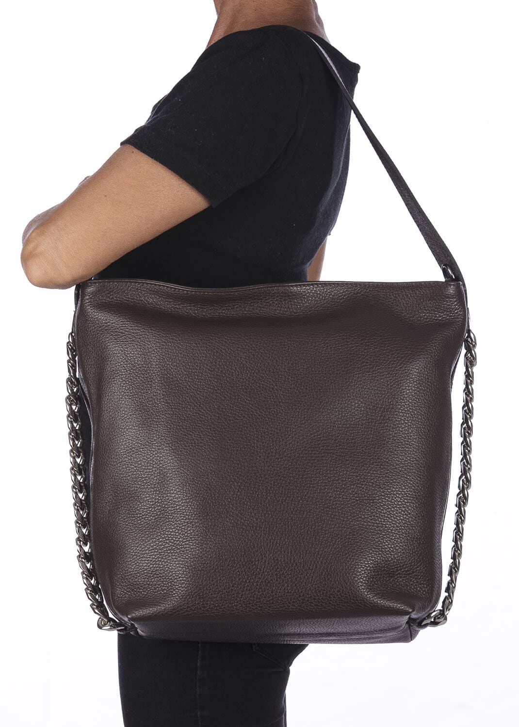 Borsa a spalla donna CLELIA in vera pelle morbida martellata, coloreTESTA DI MORO, CHIAROSCURO, Made in Italy