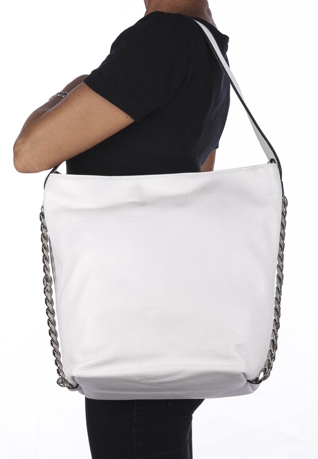 Borsa a spalla donna CLELIA in vera pelle morbida martellata, colore BIANCO, CHIAROSCURO, Made in Italy
