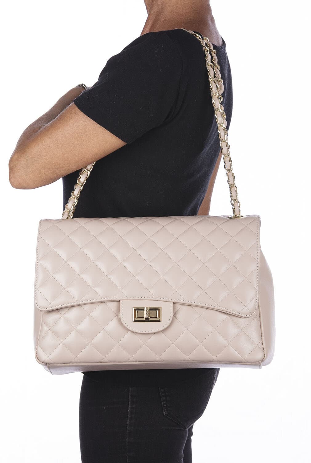 Borsa a spalla donna CHARLOTTE MAXI, in vera pelle morbida, colore ROSA, CHIAROSCURO, Made in Italy