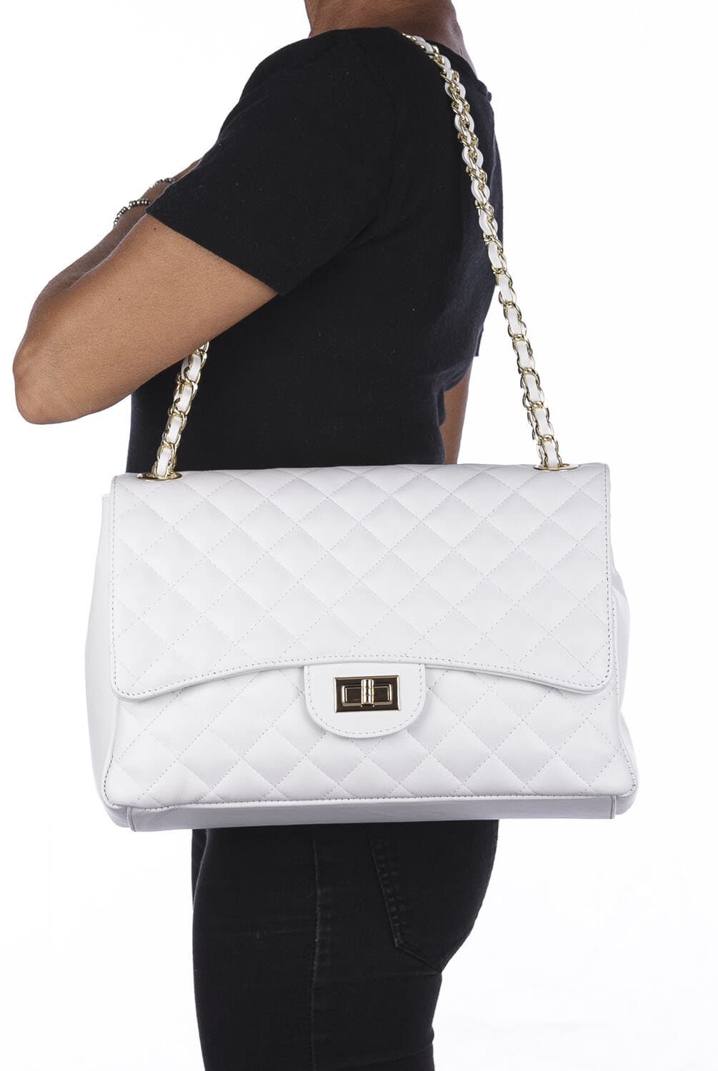 Borsa a spalla donna CHARLOTTE MAXI, in vera pelle morbida, colore BIANCO, CHIAROSCURO, Made in Italy