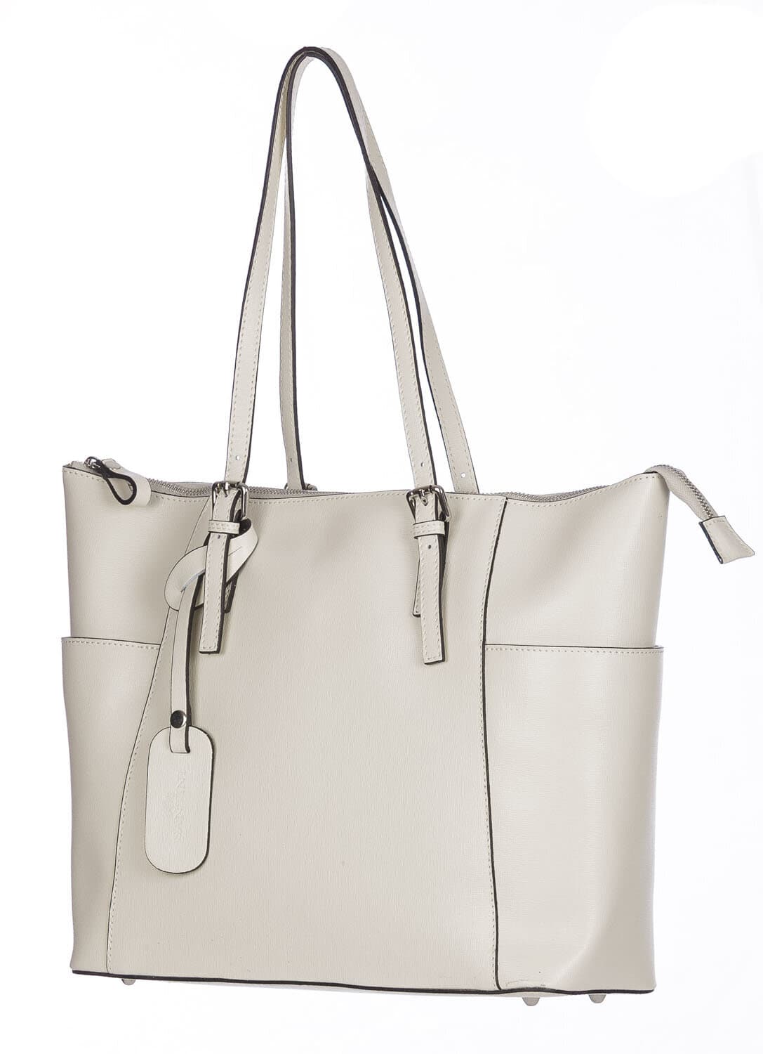 Borsa a spalla donna AMBRA in vera pelle rigida saffiano, colore BEIGE, SANTINI, Made in Italy