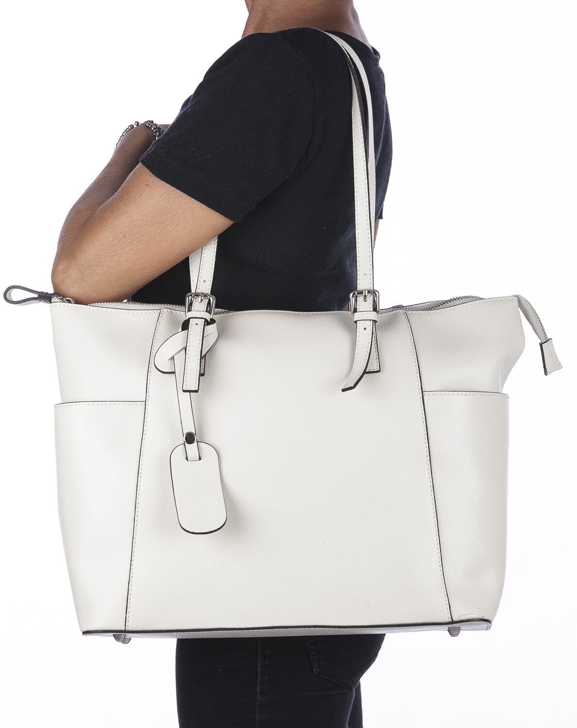 Borsa a spalla donna AMBRA in vera pelle rigida saffiano, colore BEIGE, SANTINI, Made in Italy