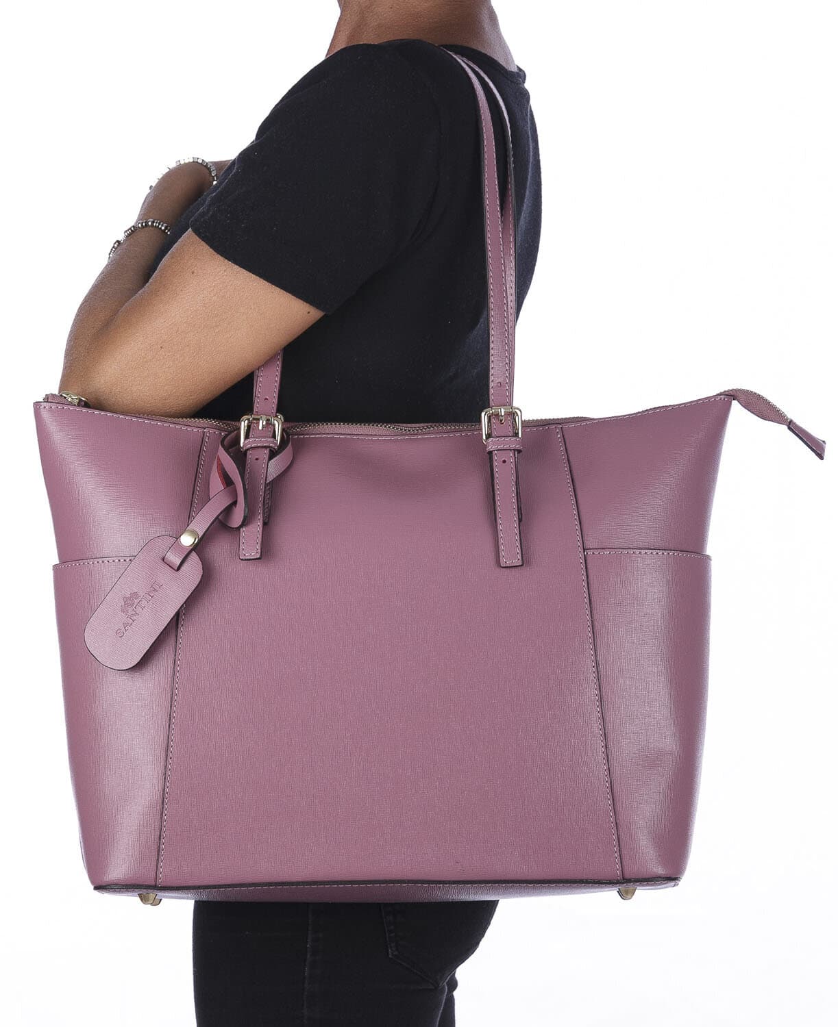 Borsa a spalla donna AMBRA in vera pelle rigida saffiano, colore ROSA ANTICO, SANTINI, Made in Italy