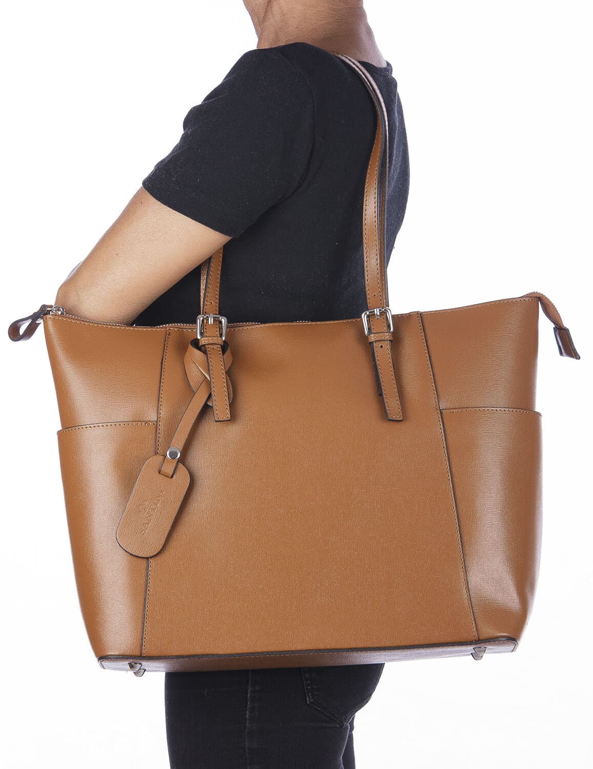 Borsa a spalla donna AMBRA in vera pelle rigida saffiano, colore MIELE, SANTINI, Made in Italy