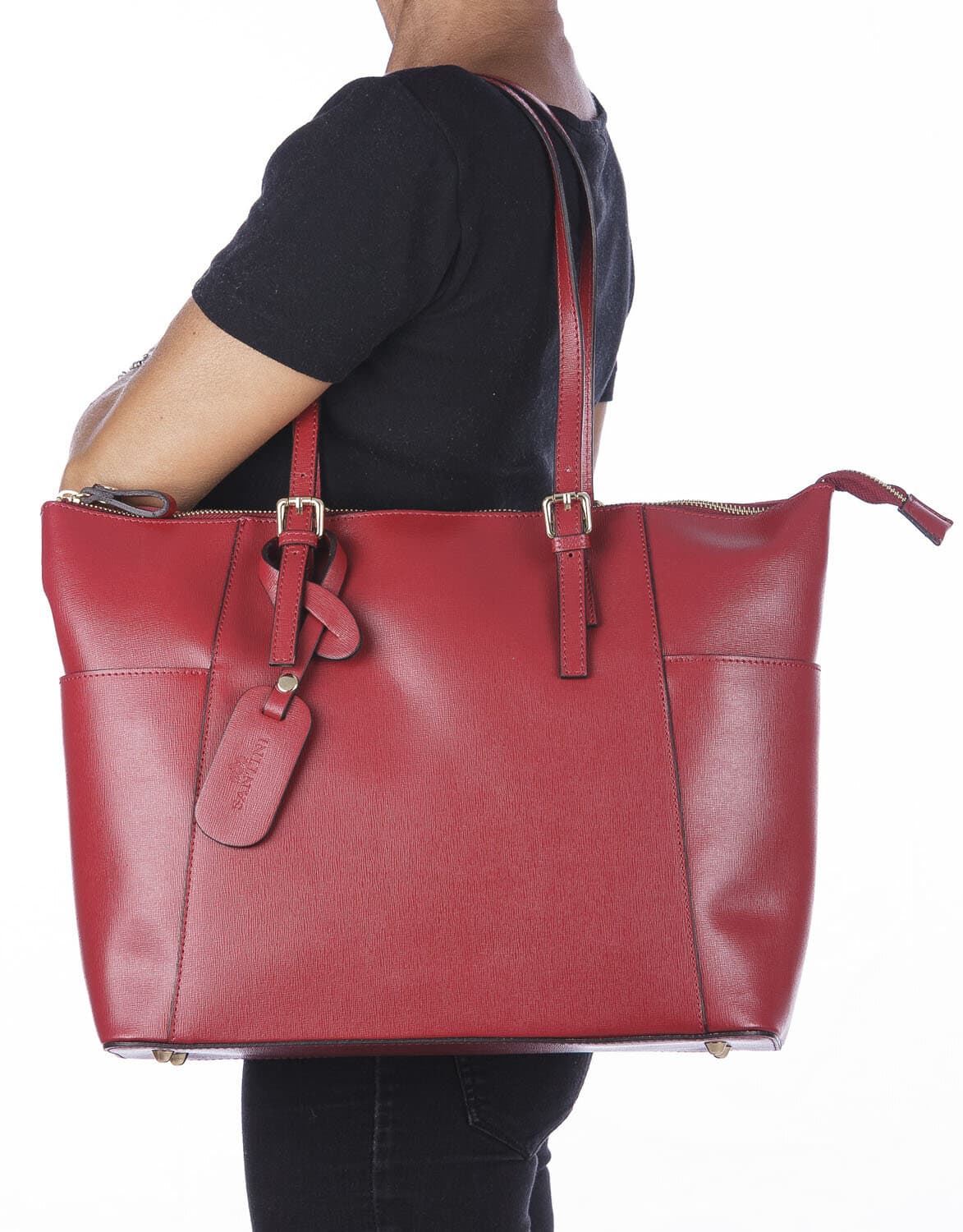 Borsa a spalla donna AMBRA in vera pelle rigida saffiano, colore ROSSO, SANTINI, Made in Italy