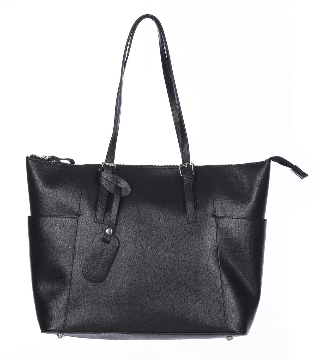 Borsa a spalla donna AMBRA in vera pelle rigida saffiano, colore NERO, SANTINI, Made in Italy