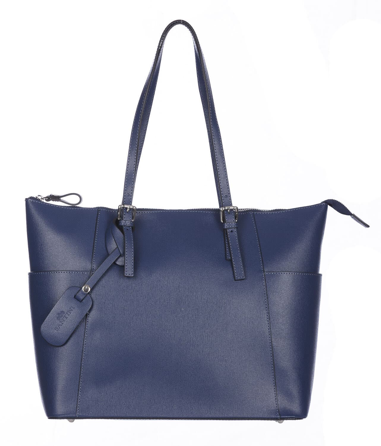 Borsa a spalla donna AMBRA in vera pelle rigida saffiano, colore BLU, SANTINI, Made in Italy