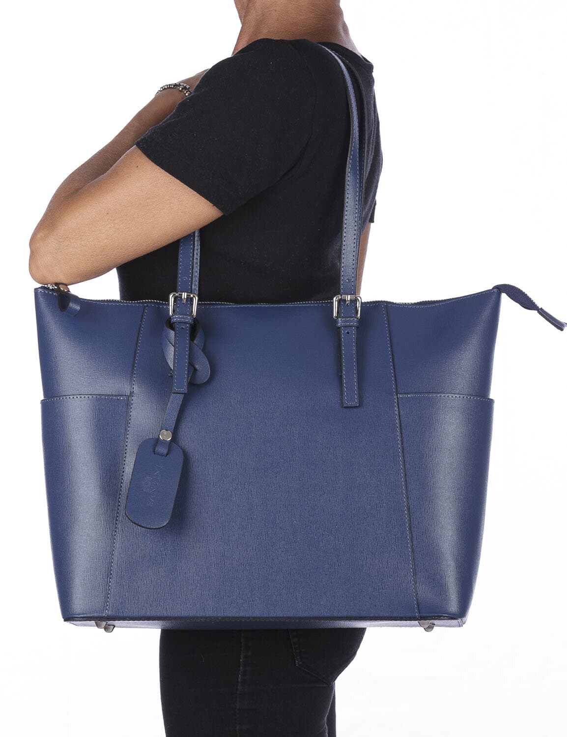 Borsa a spalla donna AMBRA in vera pelle rigida saffiano, colore BLU, SANTINI, Made in Italy