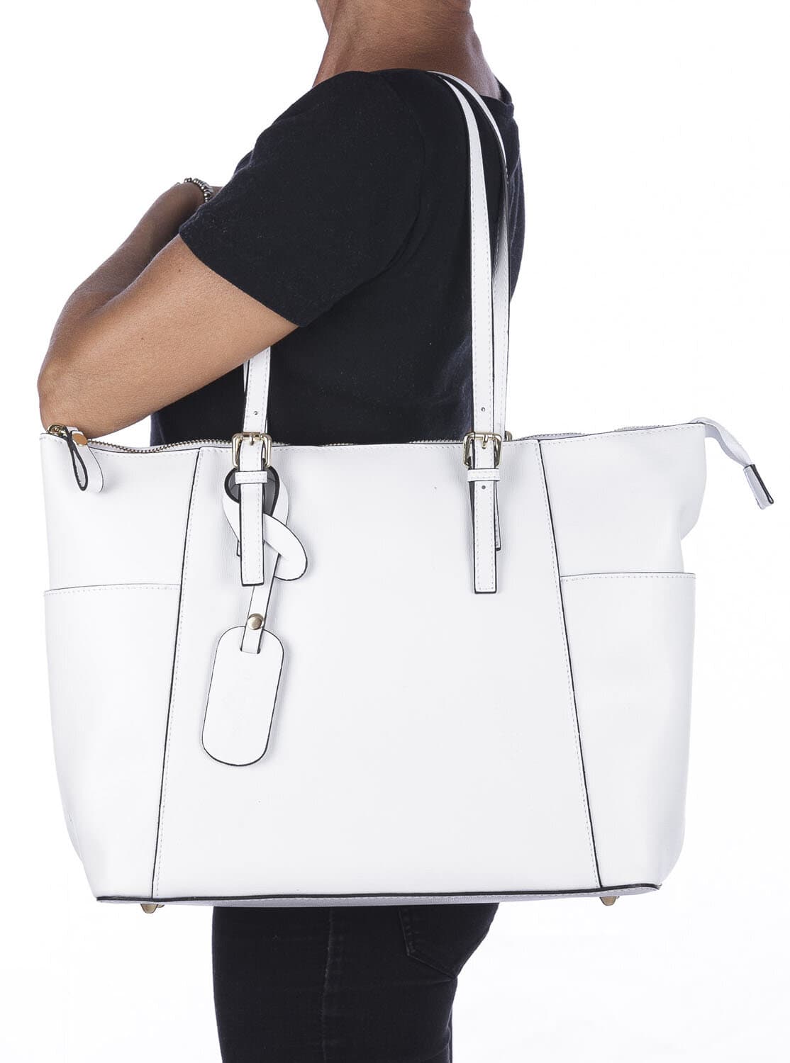 Borsa a spalla donna AMBRA in vera pelle rigida saffiano, colore BIANCO, SANTINI, Made in Italy