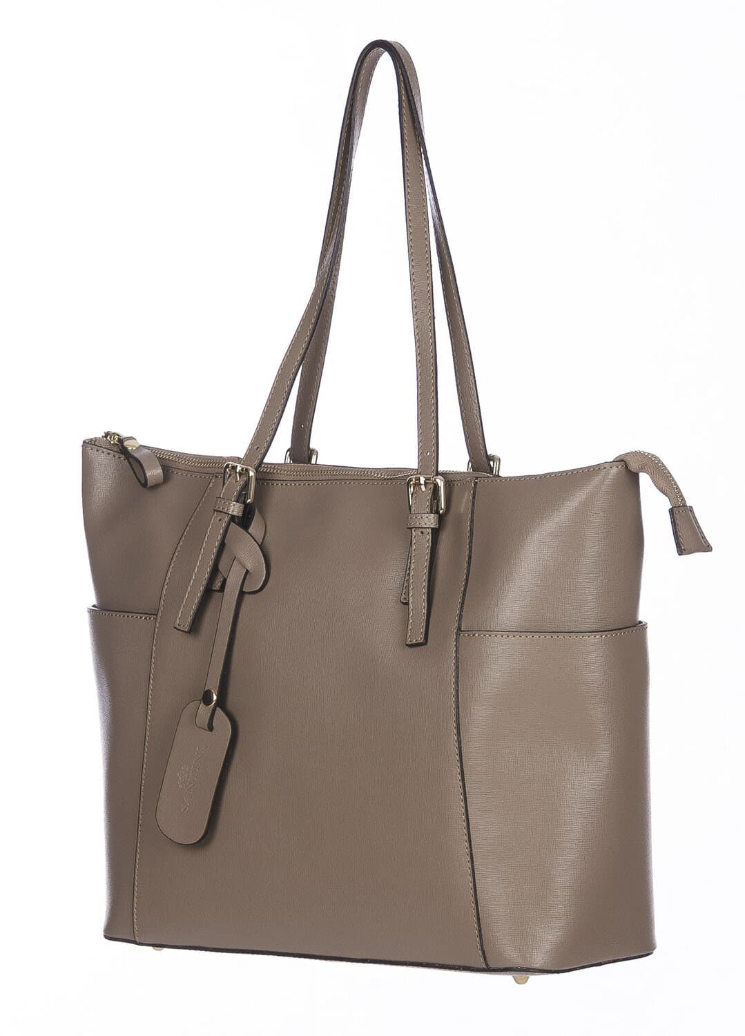 Borsa a spalla donna AMBRA in vera pelle rigida saffiano, colore TAUPE, SANTINI, Made in Italy
