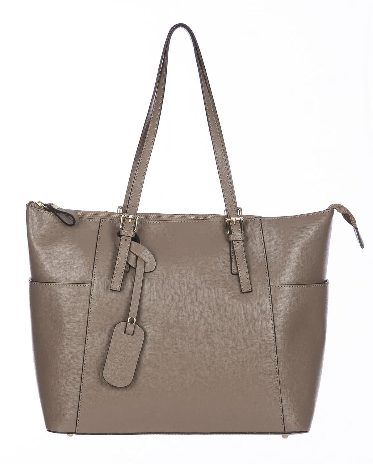 Borsa a spalla donna AMBRA in vera pelle rigida saffiano, colore TAUPE, SANTINI, Made in Italy