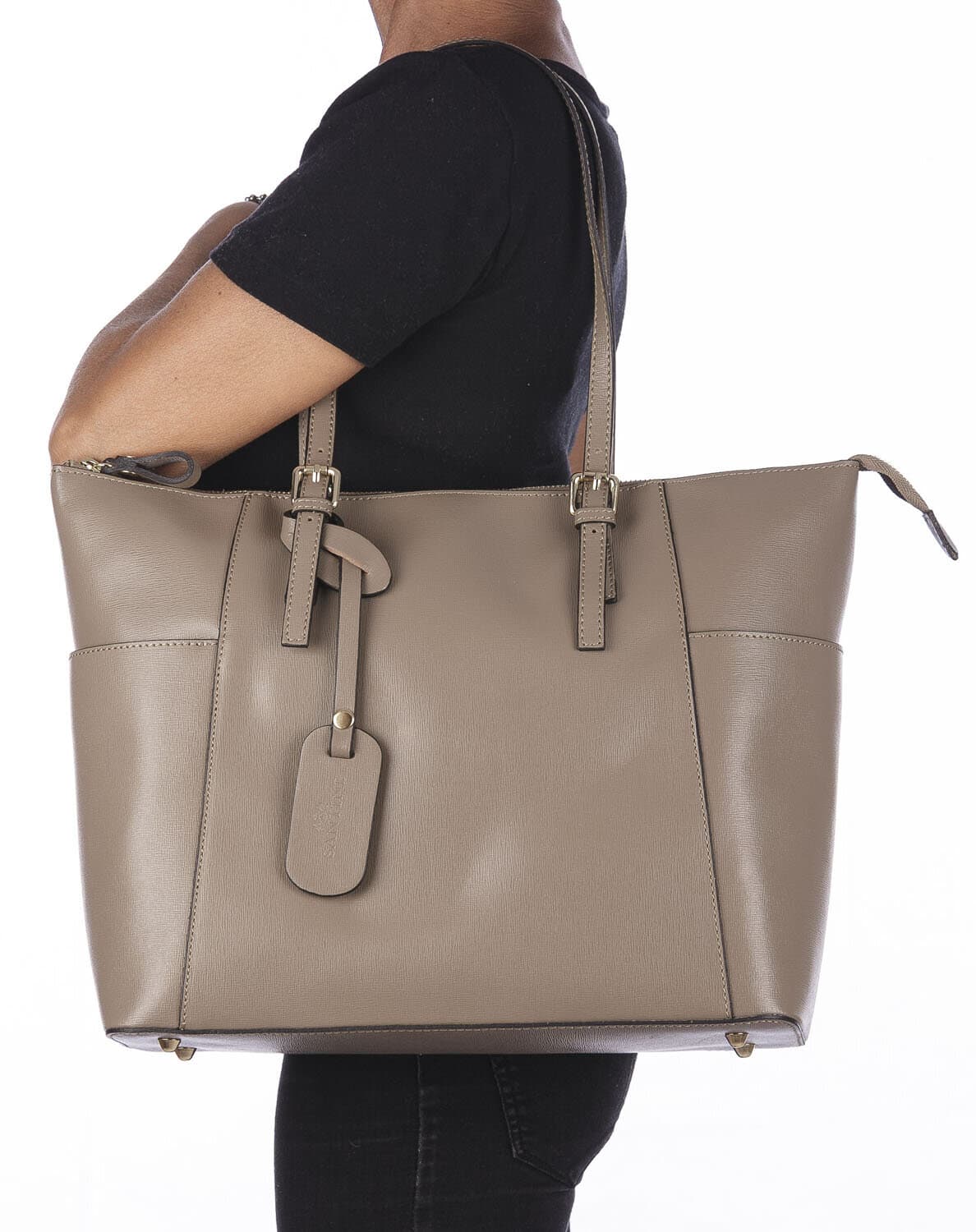 Borsa a spalla donna AMBRA in vera pelle rigida saffiano, colore TAUPE, SANTINI, Made in Italy