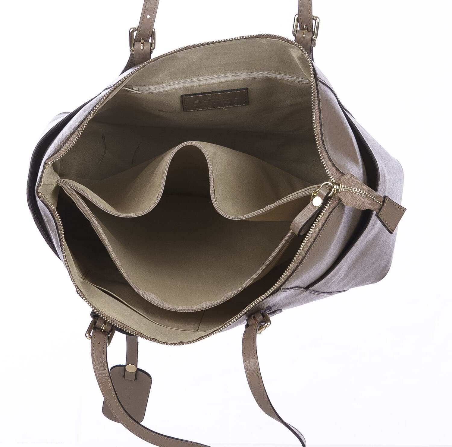 Borsa a spalla donna AMBRA in vera pelle rigida saffiano, colore TAUPE, SANTINI, Made in Italy