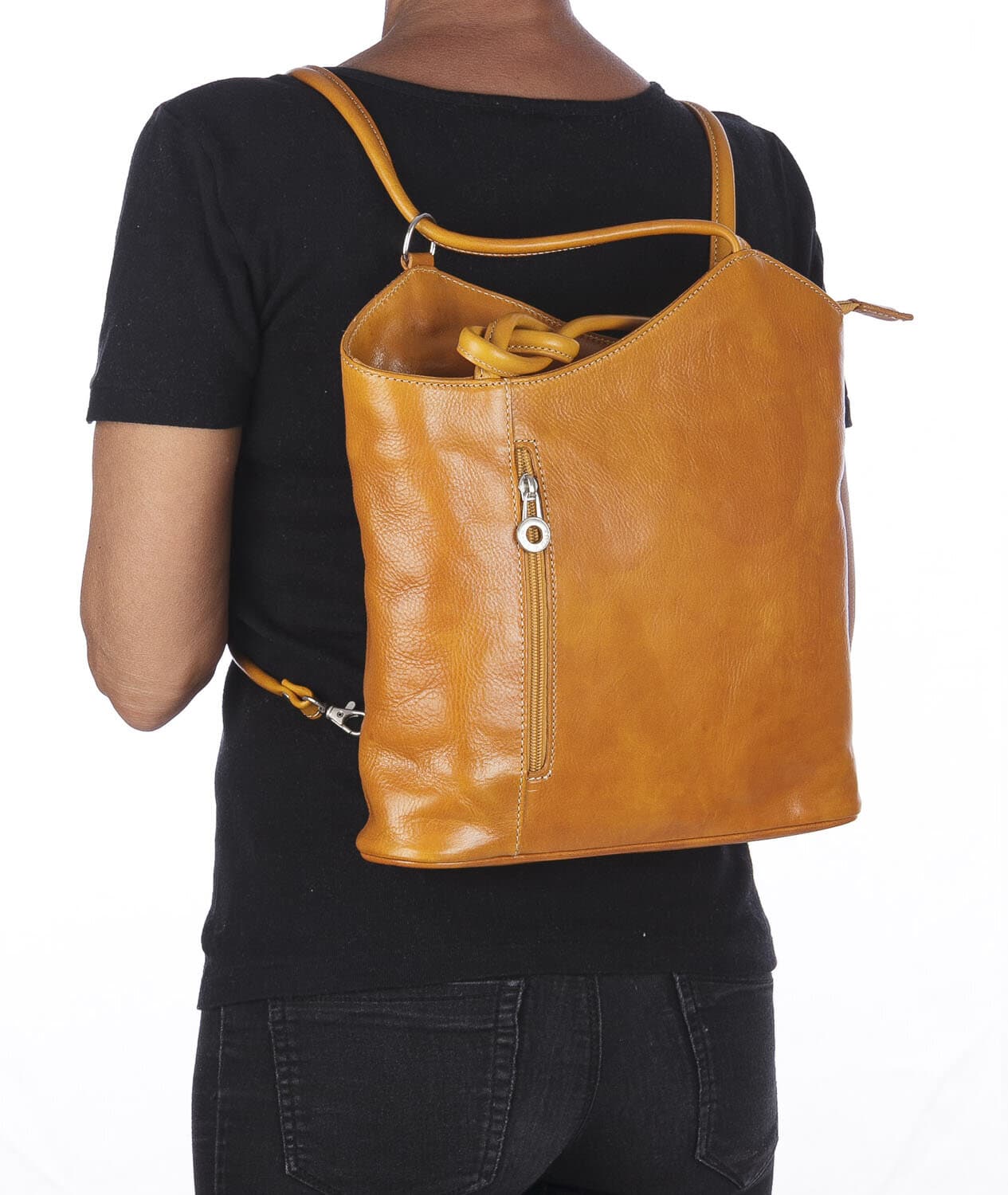 Borsa zaino donna MONTE ARGENTERA in vera pelle tamponata, colore GIALLO, CHIAROSCURO, Made in Italy