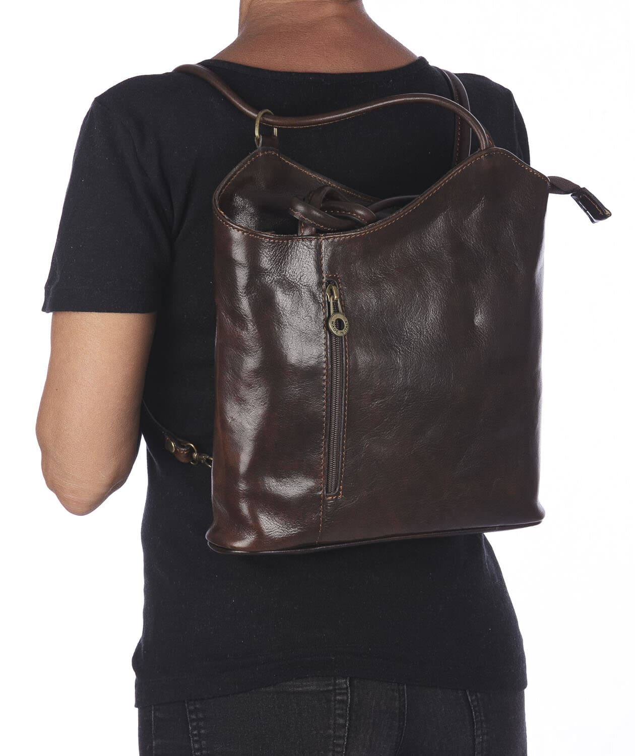 Borsa zaino donna MONTE ARGENTERA in vera pelle tamponata, colore TESTA DI MORO, CHIAROSCURO, Made in Italy