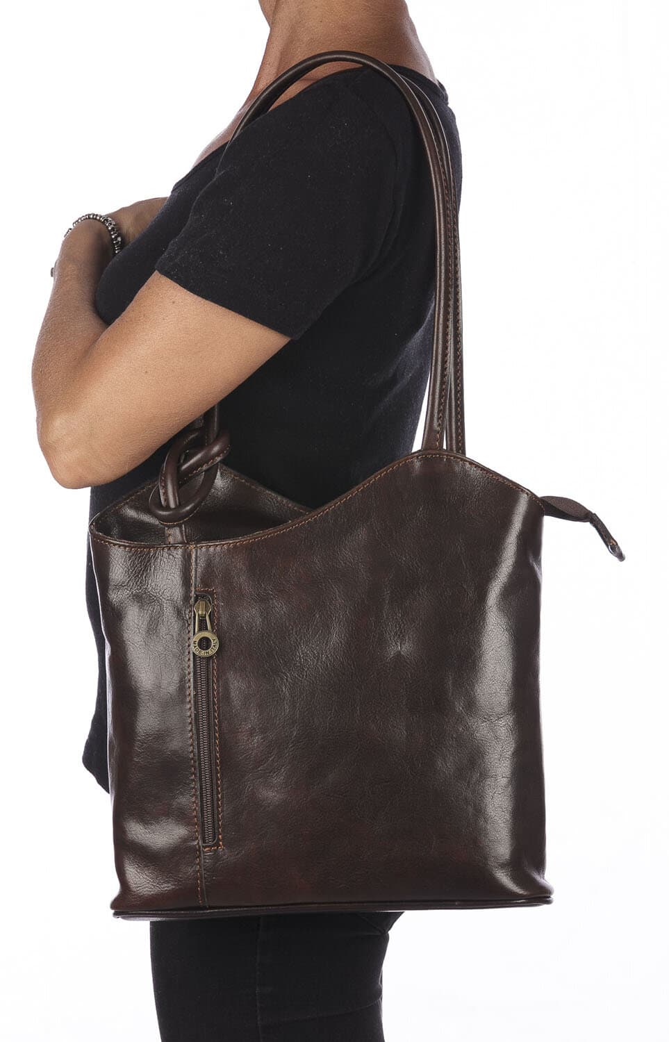 Borsa zaino donna MONTE ARGENTERA in vera pelle tamponata, colore TESTA DI MORO, CHIAROSCURO, Made in Italy